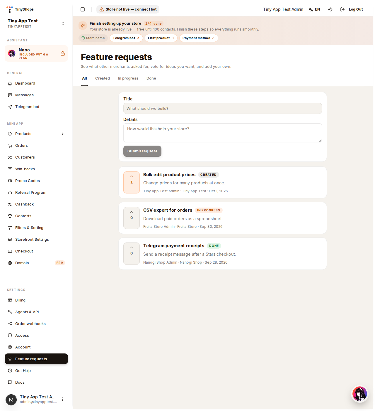 Feature requests in the sidebar, with a form and three requests: Created, In progress, and Done