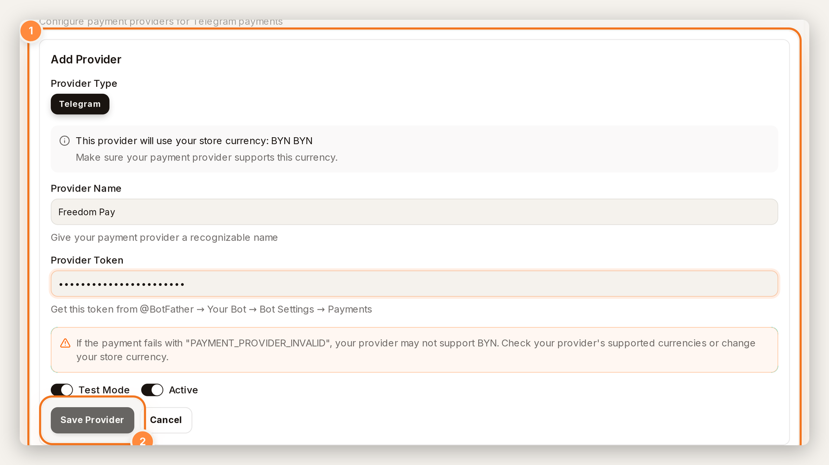 Add Provider dialog with Provider Name, Token, and Test Mode