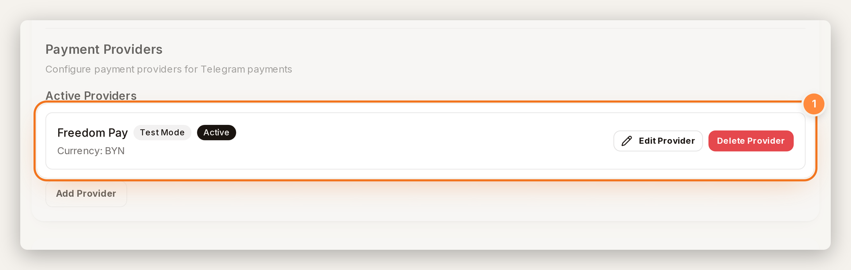 Saved Freedom Pay provider with Test Mode and Active badges