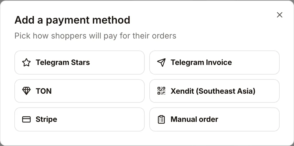 The Add a payment method dialog: Telegram Stars, Telegram Invoice, TON, Xendit, Stripe and Manual order