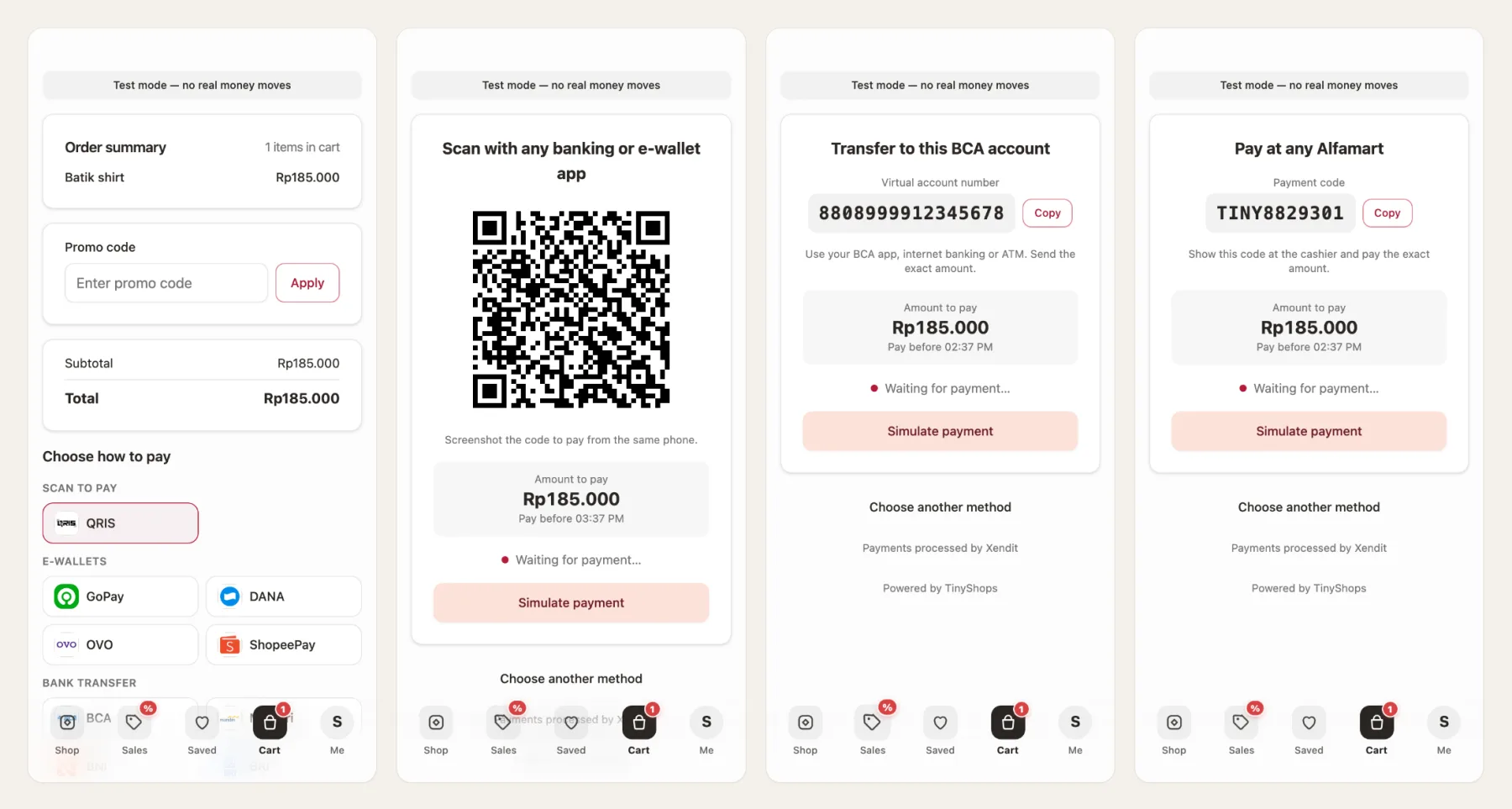 Indonesia: choosing a method, a QRIS code, a BCA virtual account and an Alfamart payment code