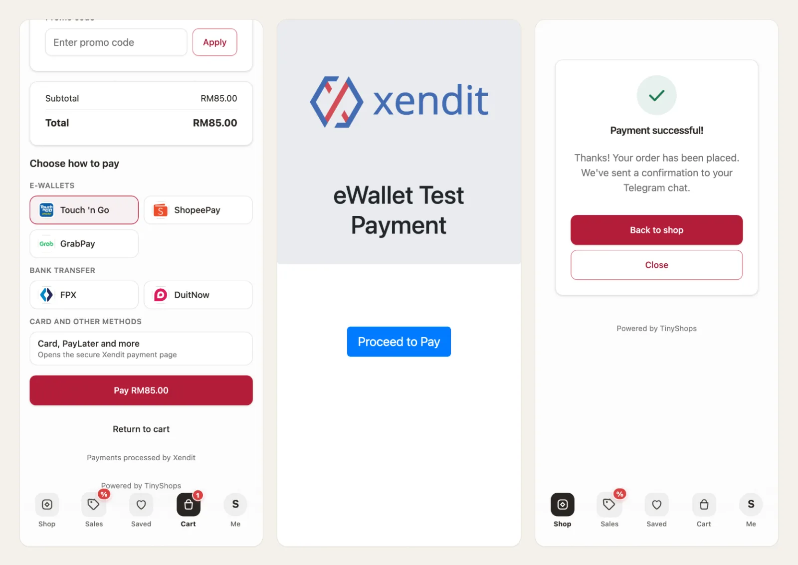 Malaysia: the method list, Xendit's test wallet page (a live payment opens Touch 'n Go), and the order paid