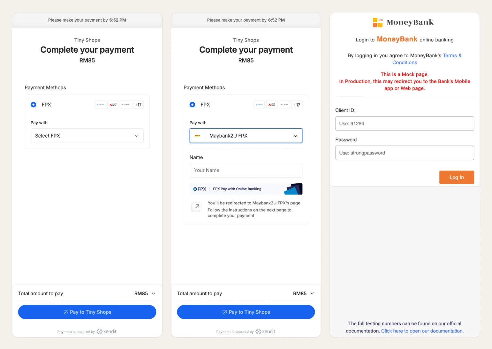 FPX: Xendit's payment page, the list of 20 Malaysian banks, and the bank's sign-in