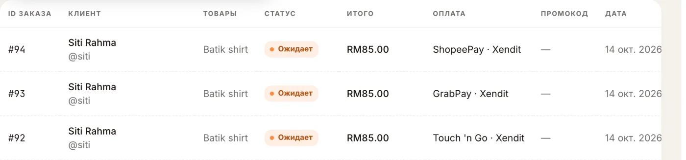 Тестовые заказы, оплаченные через Xendit с помощью ShopeePay, GrabPay и Touch 'n Go