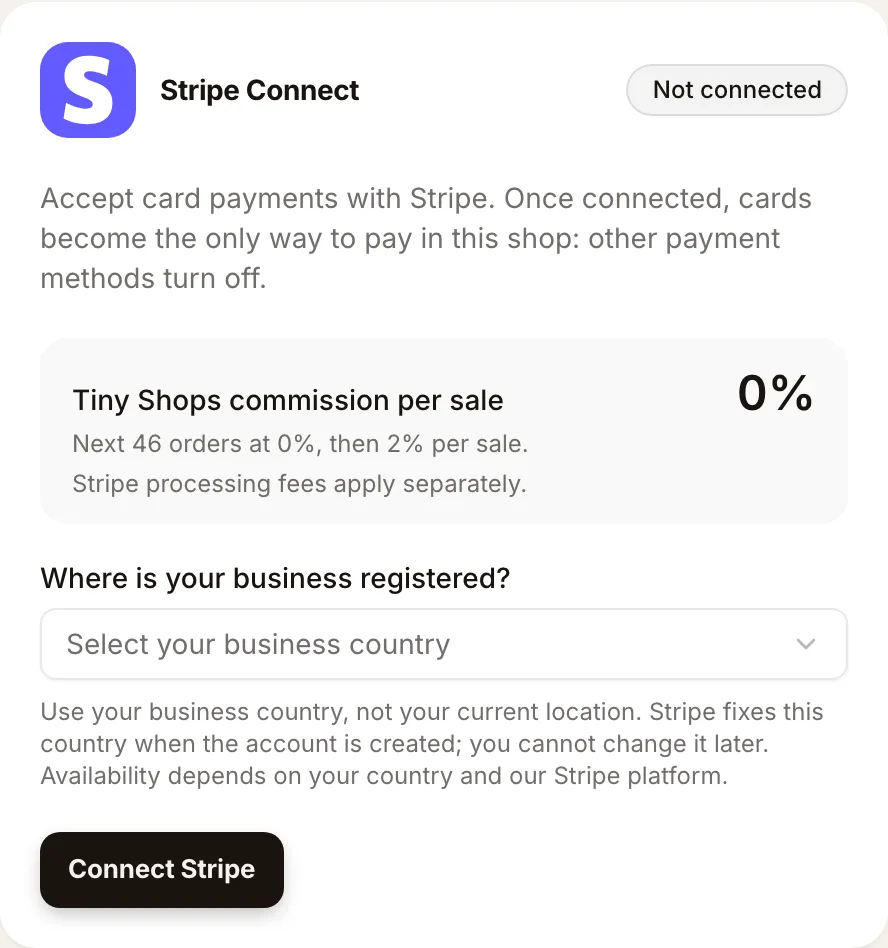 Stripe Connect card: the Tiny Shops fee, business country and the Connect Stripe button