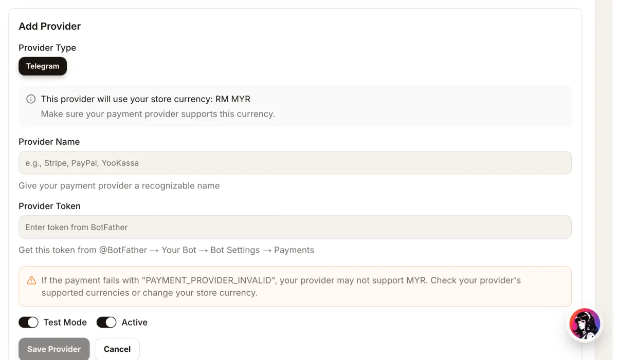 Add Provider: provider name, the token from BotFather, test mode
