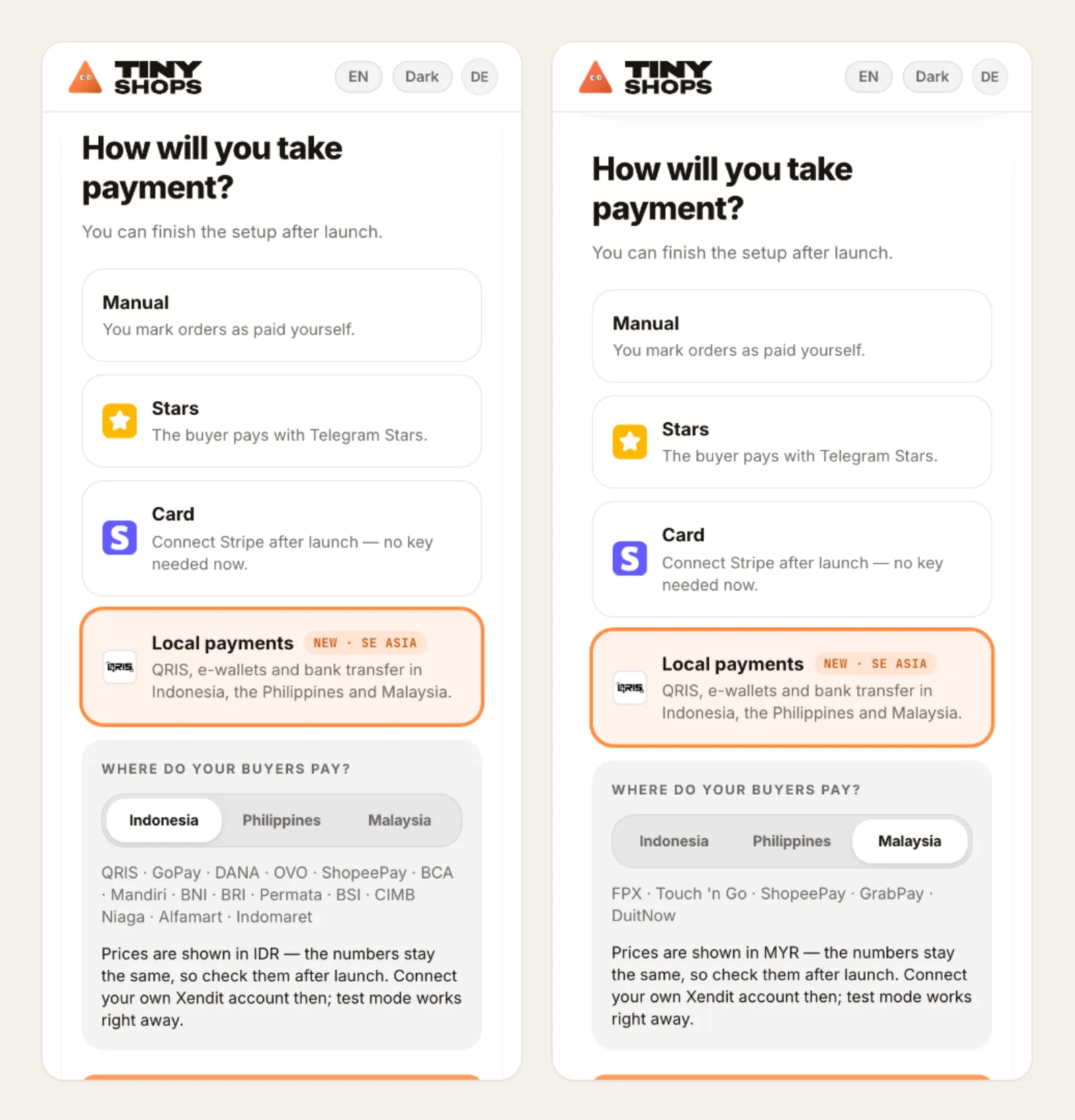 The setup wizard: Local payments for Indonesia and for Malaysia