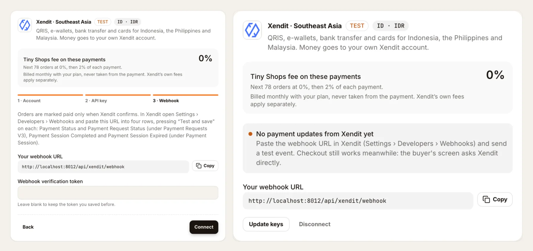 Step 3, the webhook; then the connected card with the status of payment updates