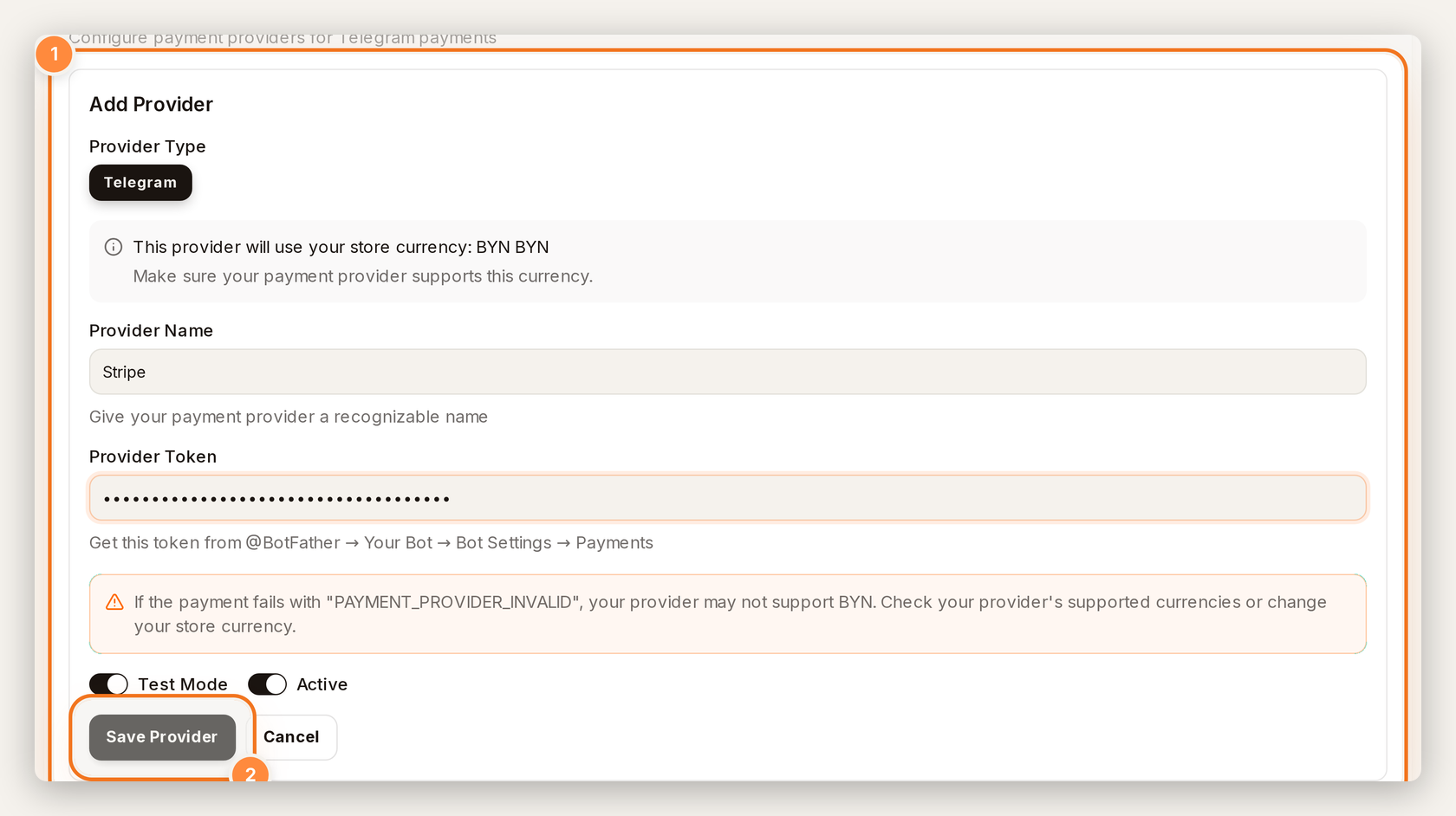 Add Provider form with Provider Name Stripe, masked token, Test Mode and Active