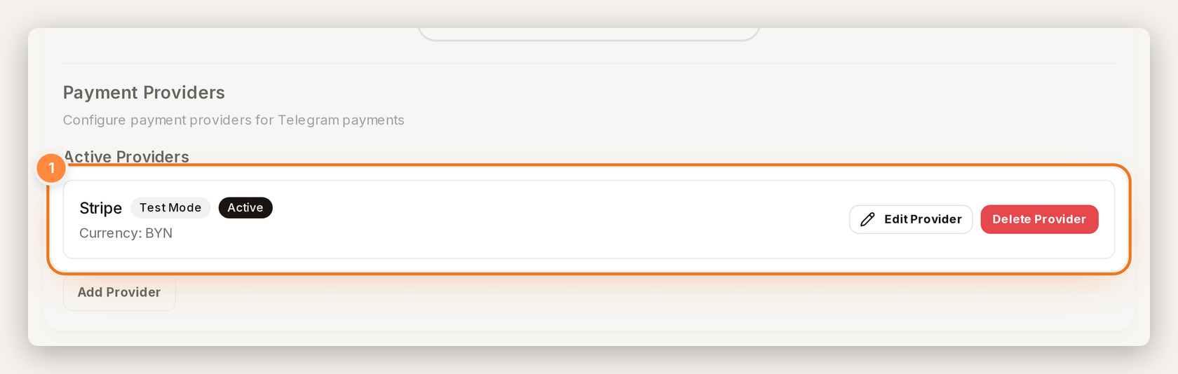 Saved Stripe provider with Test Mode and Active badges