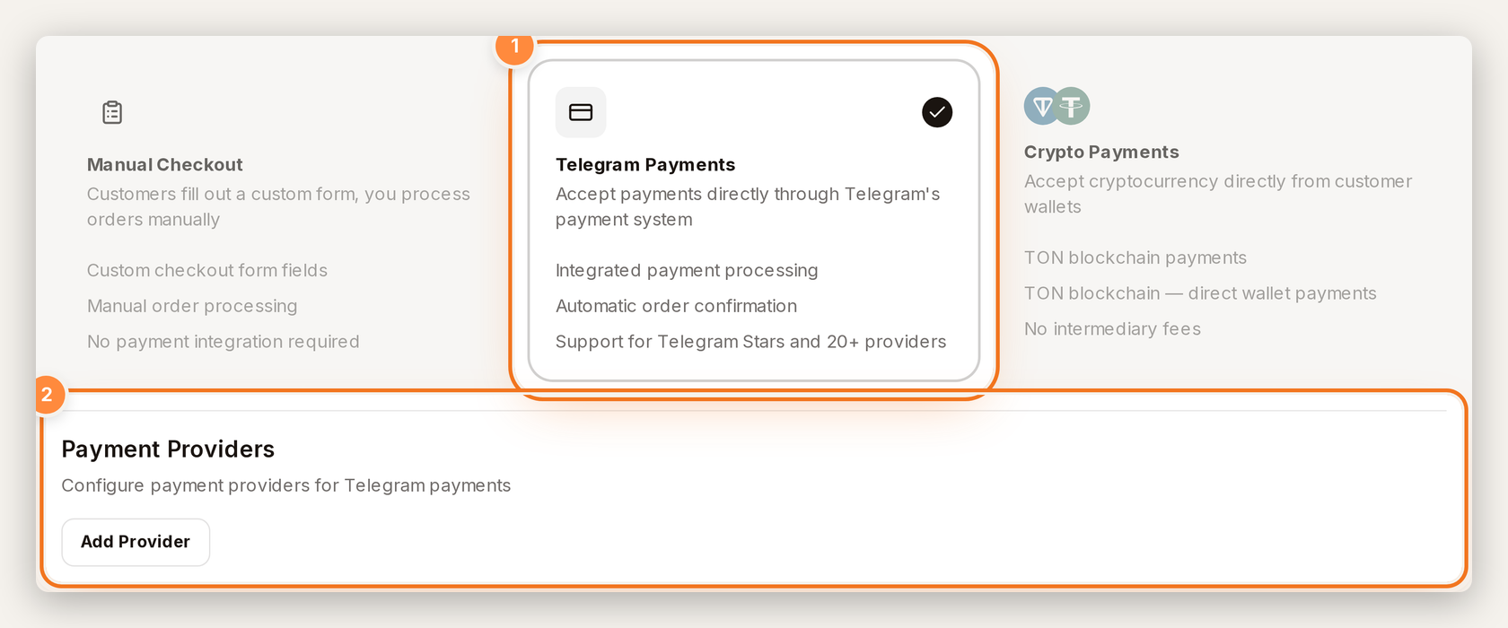 Orders & Payments with Telegram Payments selected