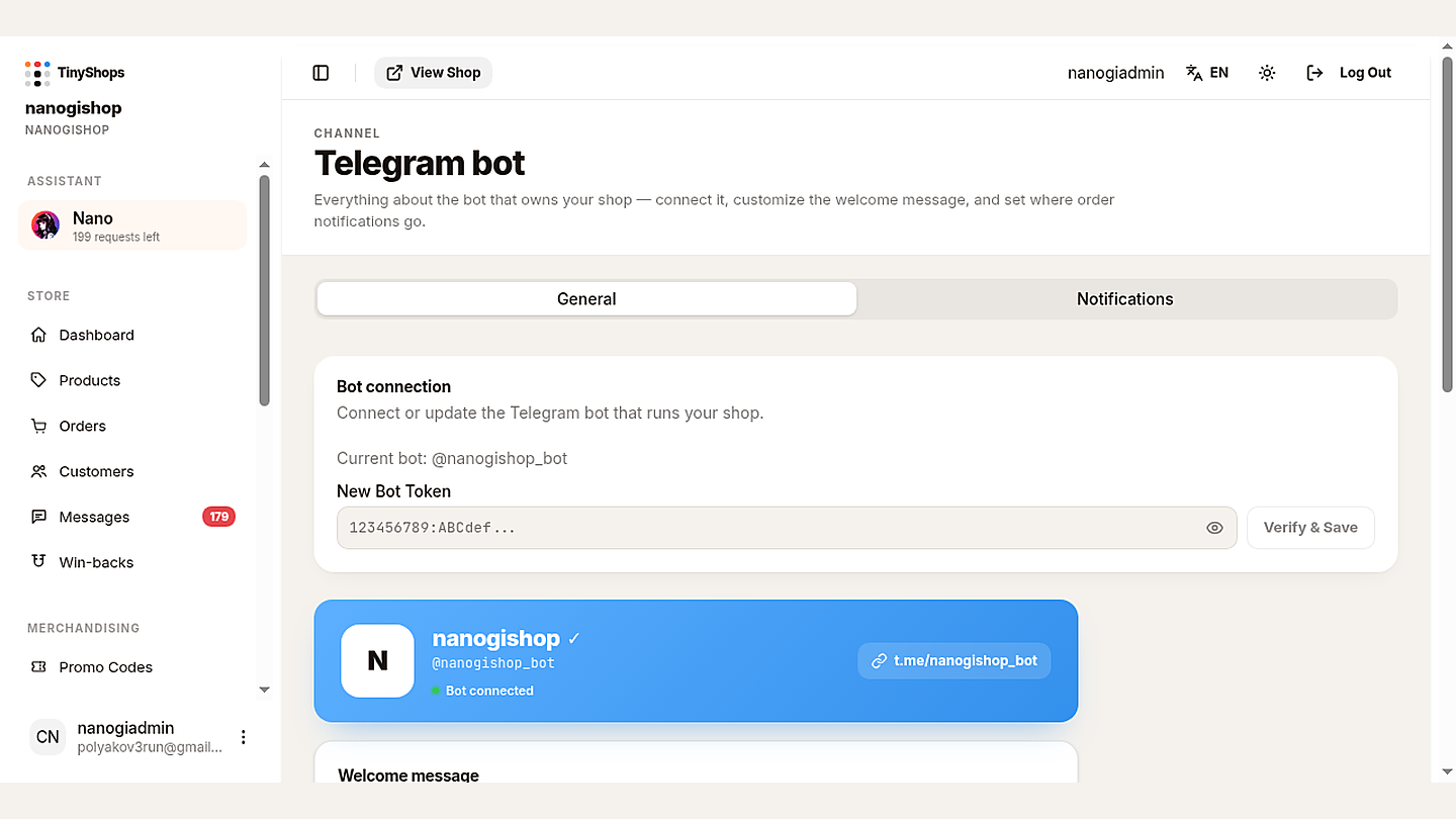 Telegram bot settings: BotFather token field and connected bot
