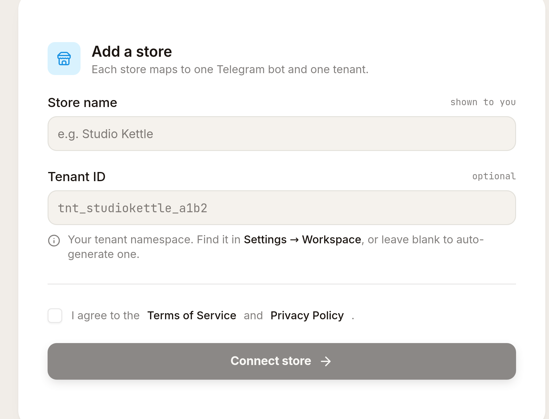 Add a store: Store name, optional Tenant ID, Connect store