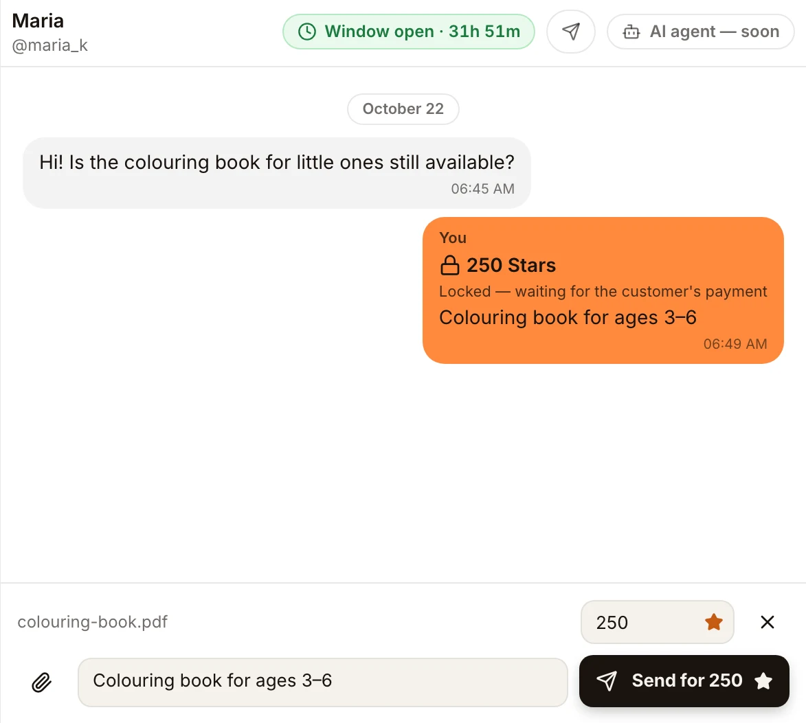 The Messages tab: a locked file and a PDF attached with a price