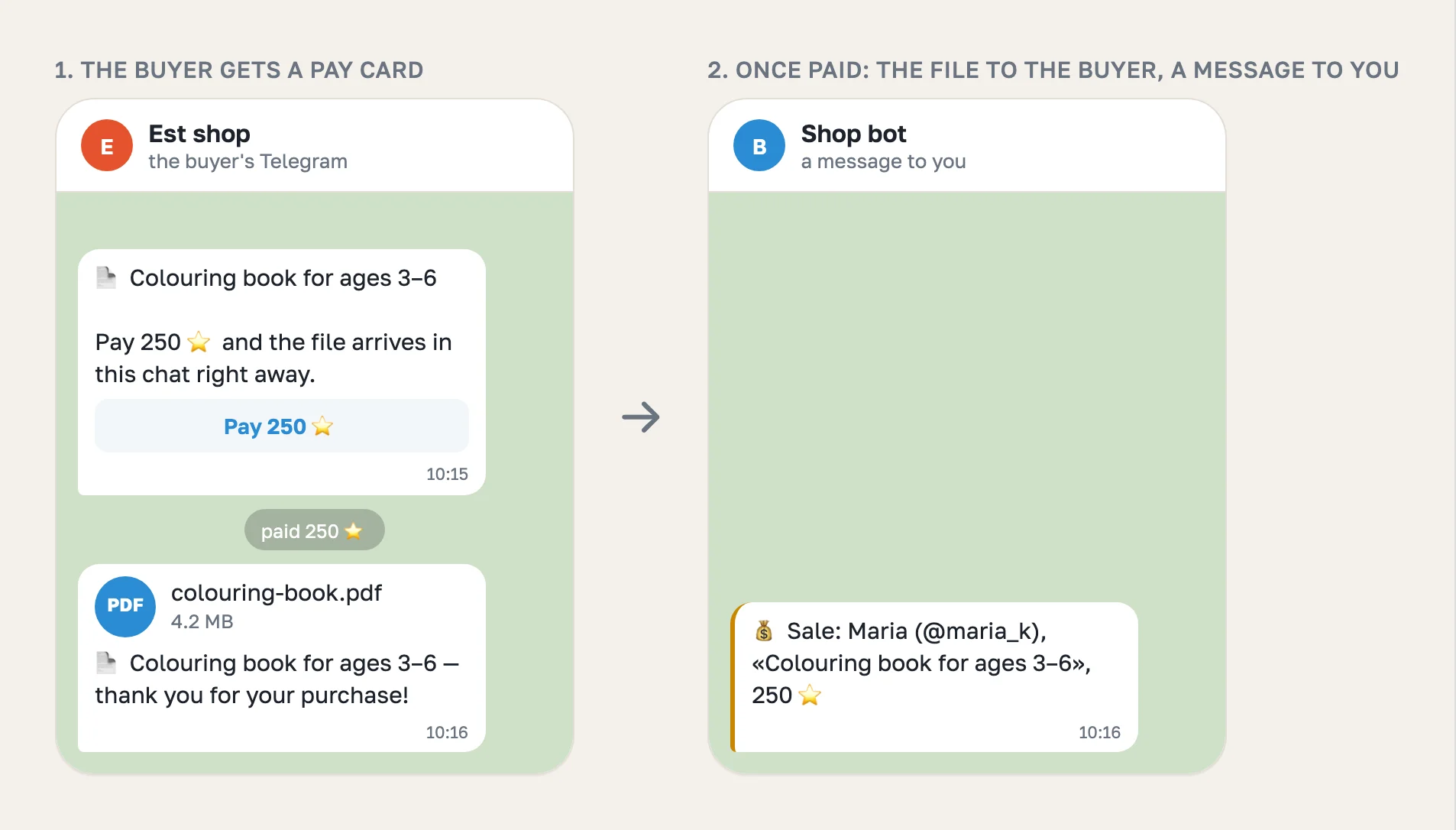 A file: the Pay card, the delivered PDF and your sale message