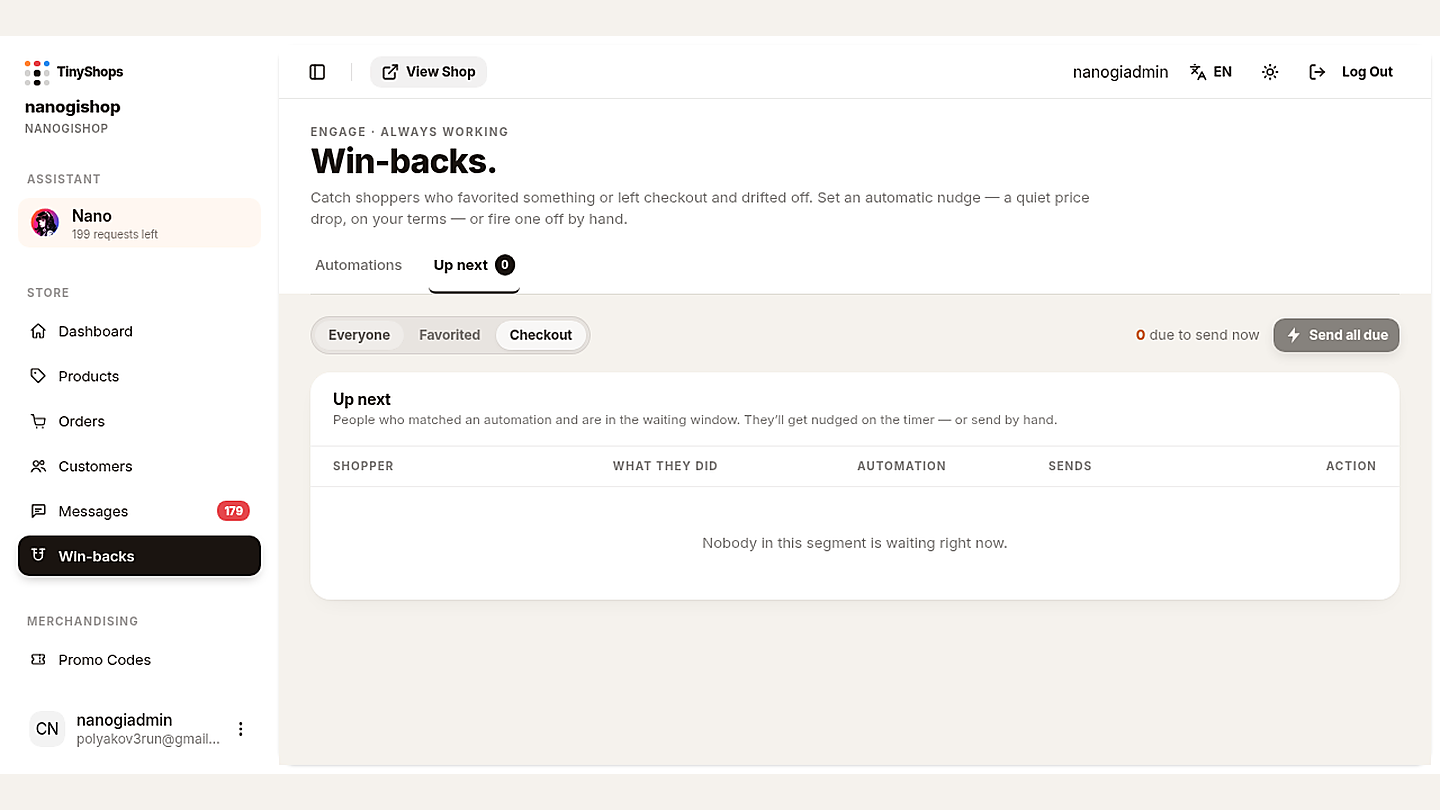 Win-backs Up next tab, Checkout empty state