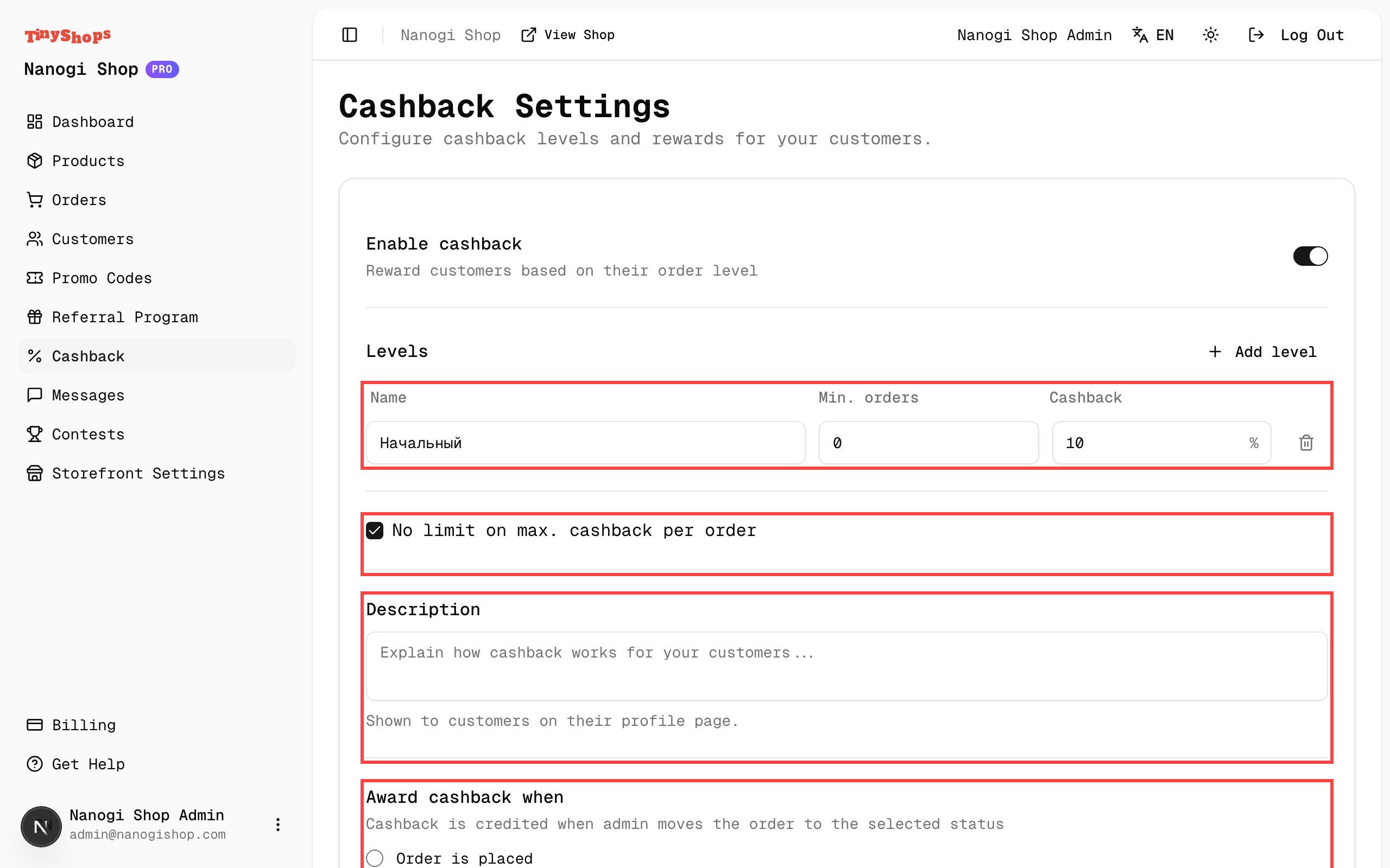Cashback settings with trigger configuration