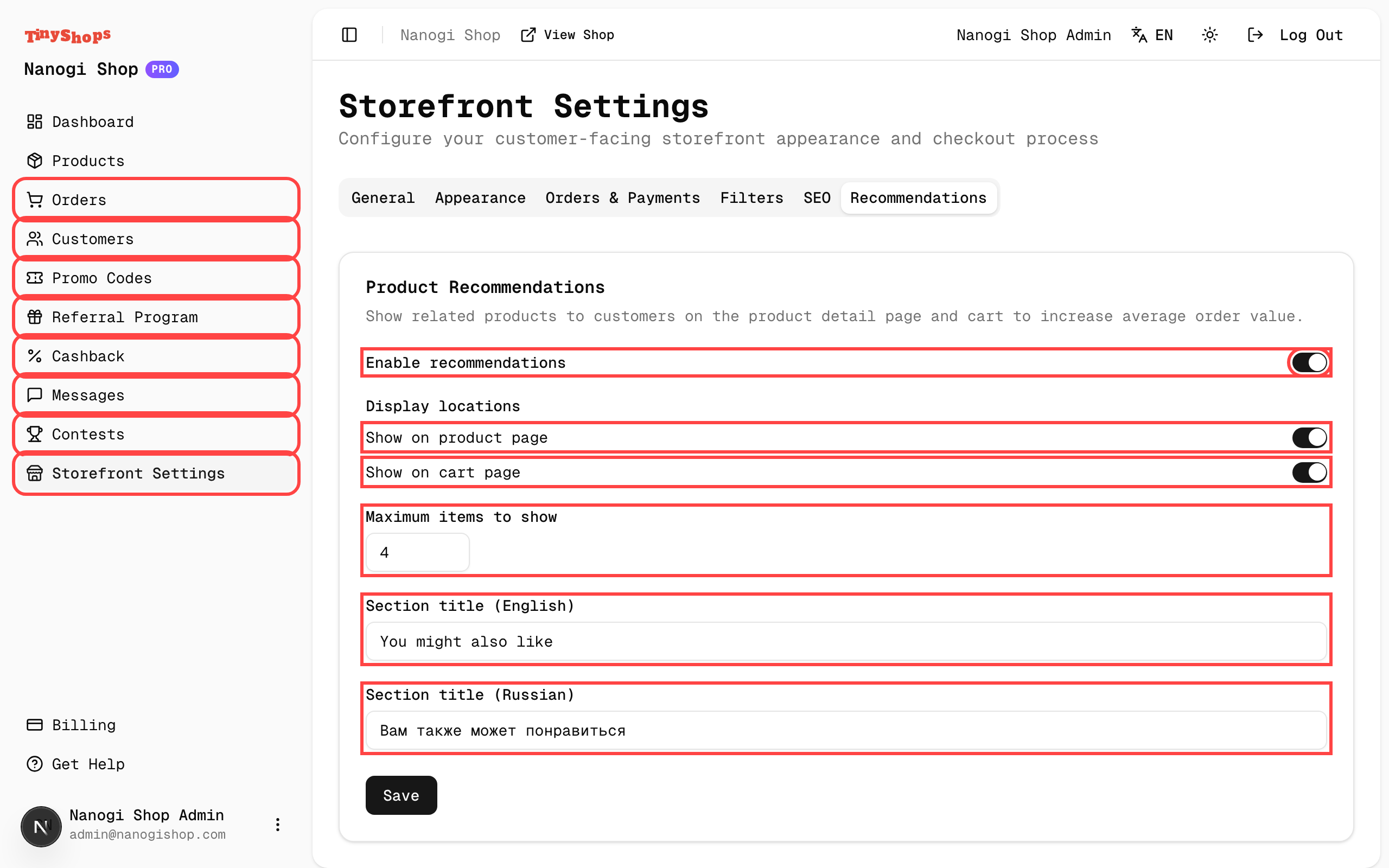 Storefront settings for product recommendations