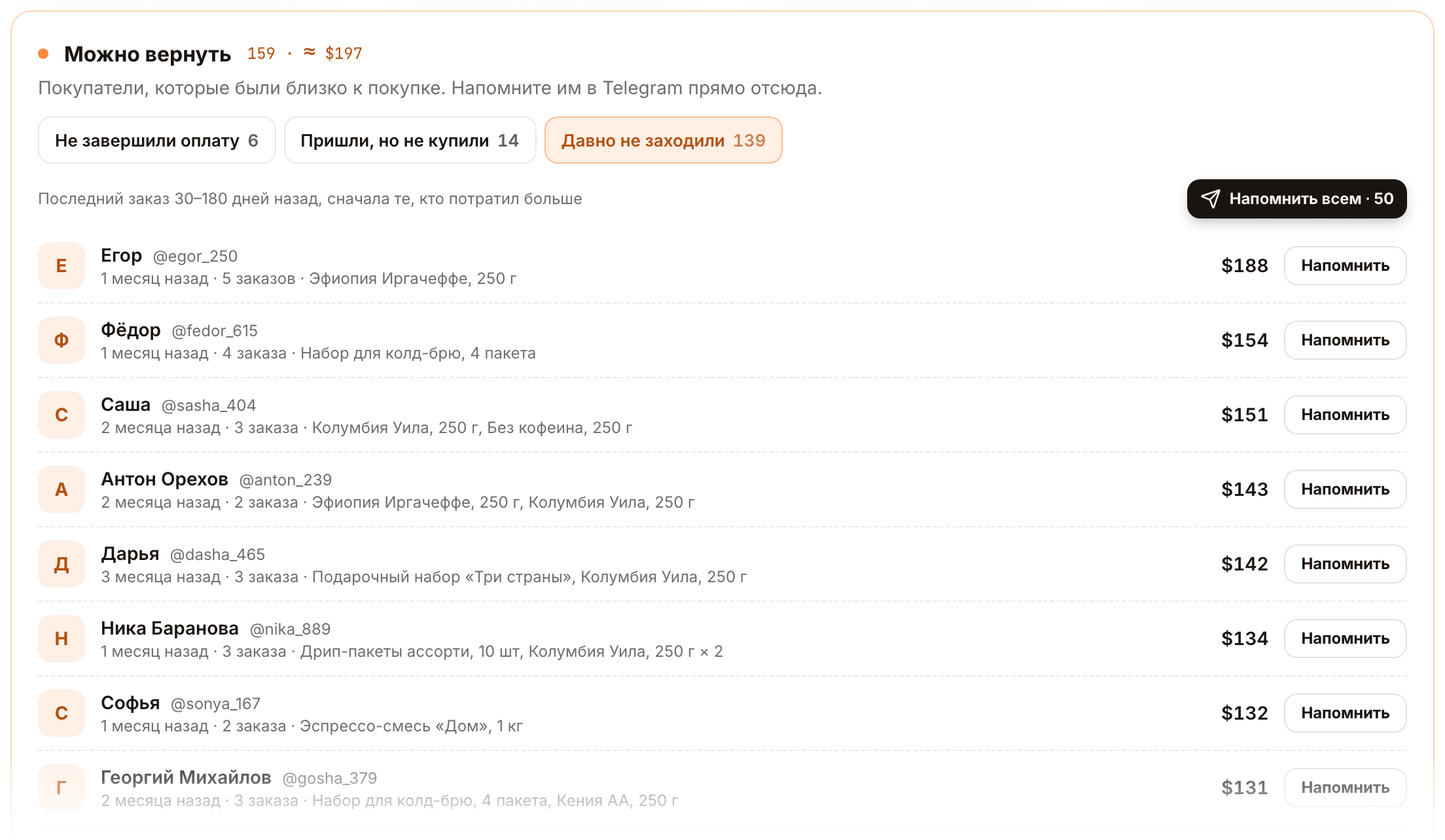 Вкладка «Давно не заходили»: прошлые покупатели по сумме покупок