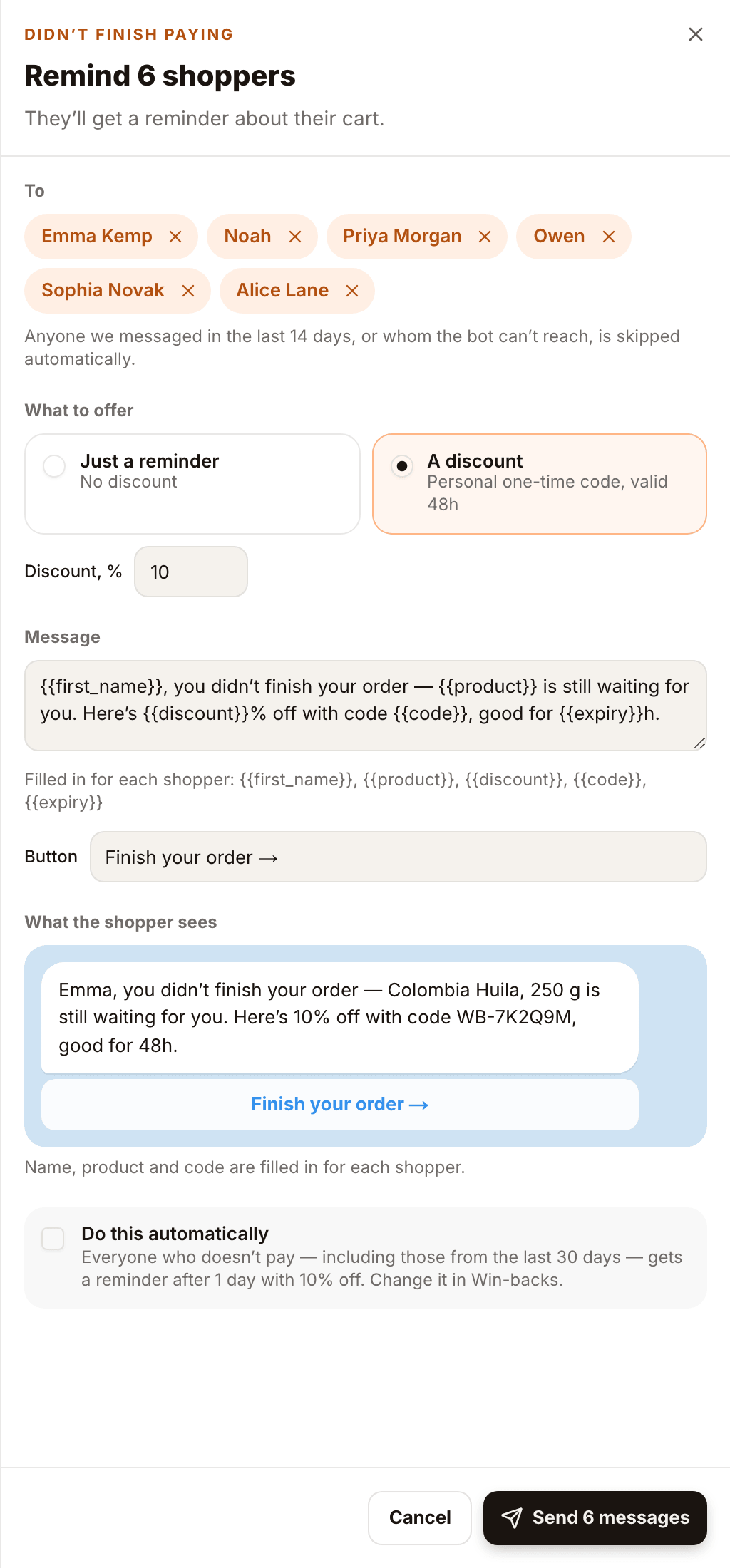 The reminder sheet with a 10% discount and a preview of the Telegram message