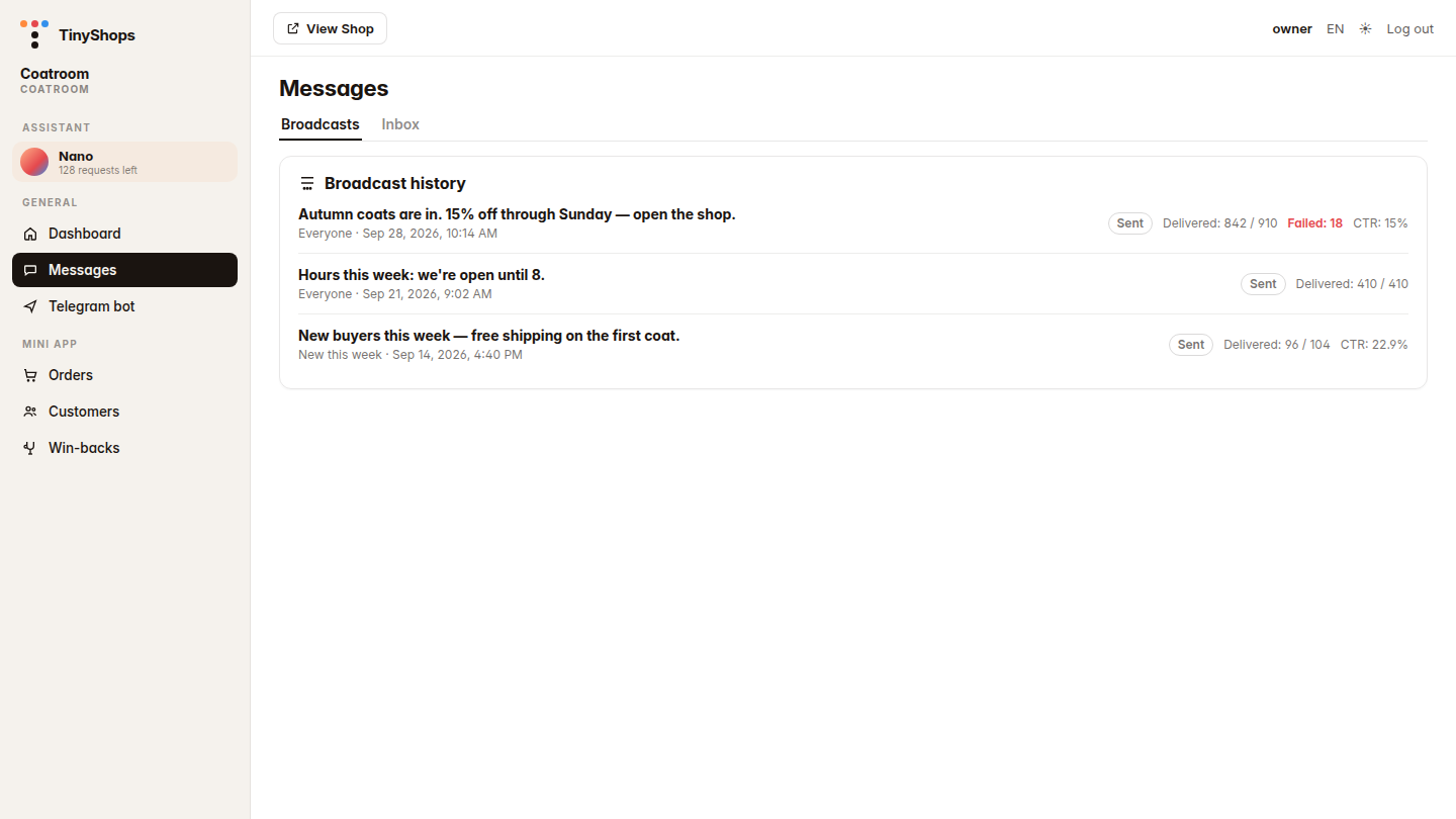 Broadcast history: CTR on sends that had a button, and no CTR on a text-only hours message