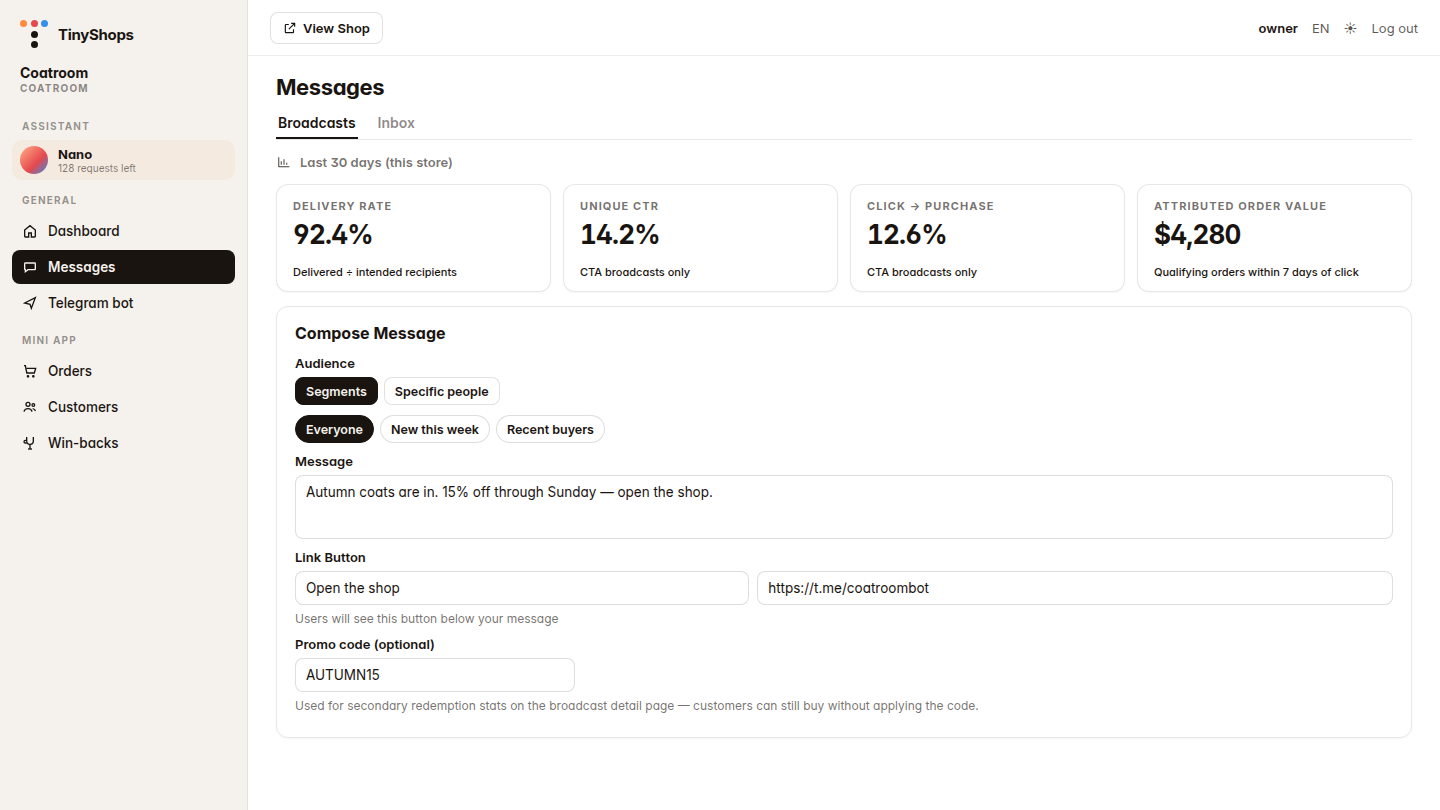 Messages, last 30 days, and a broadcast with a link button plus an optional promo code