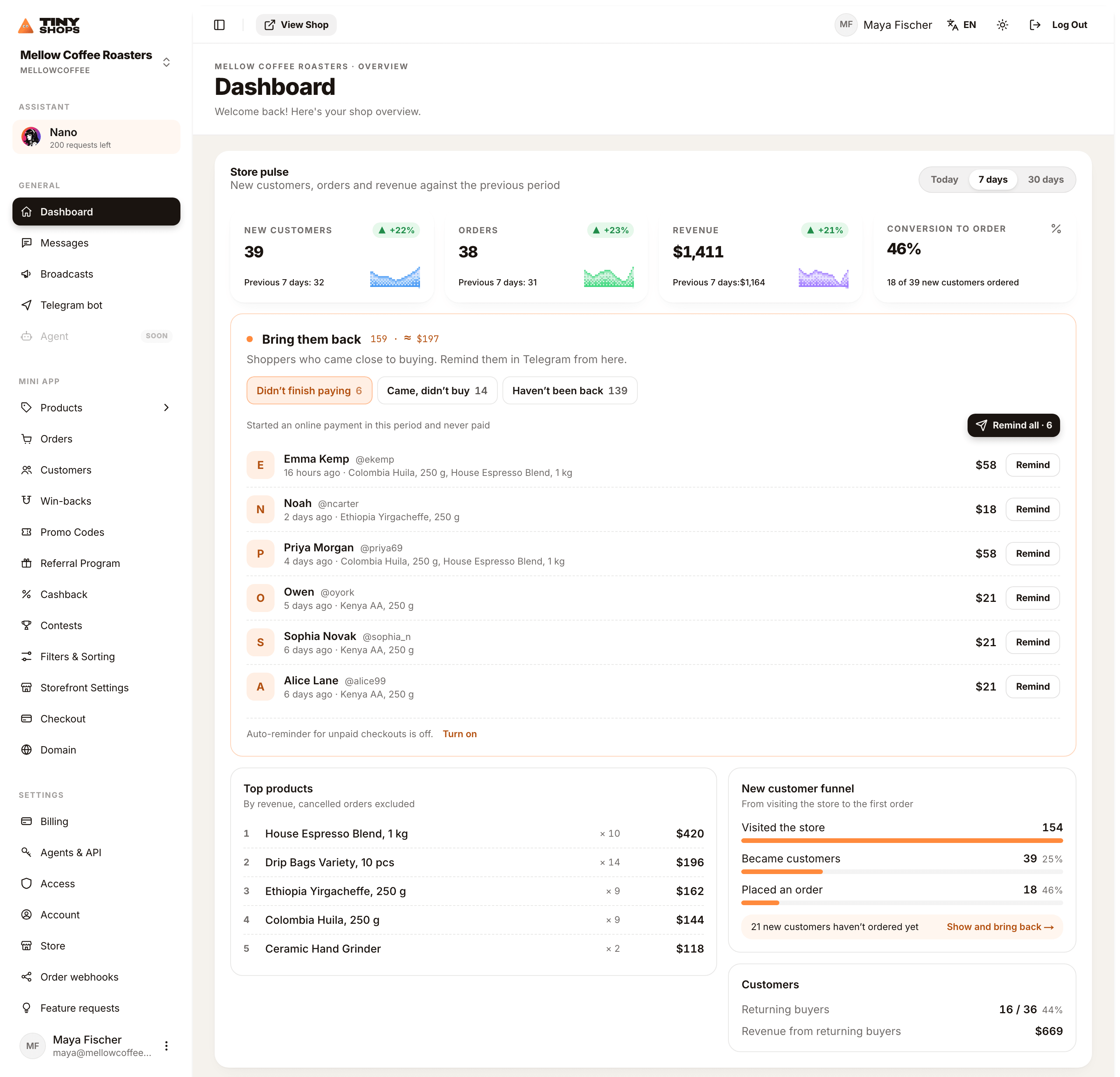 Dashboard home with Store pulse for the last 7 days