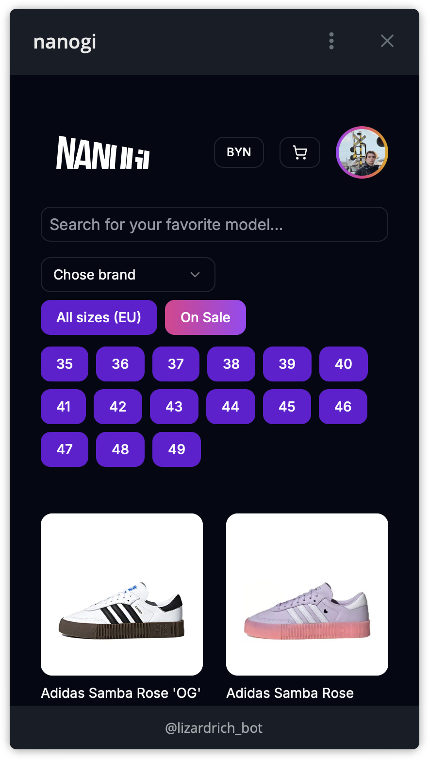 Telegram shop interface - dark theme