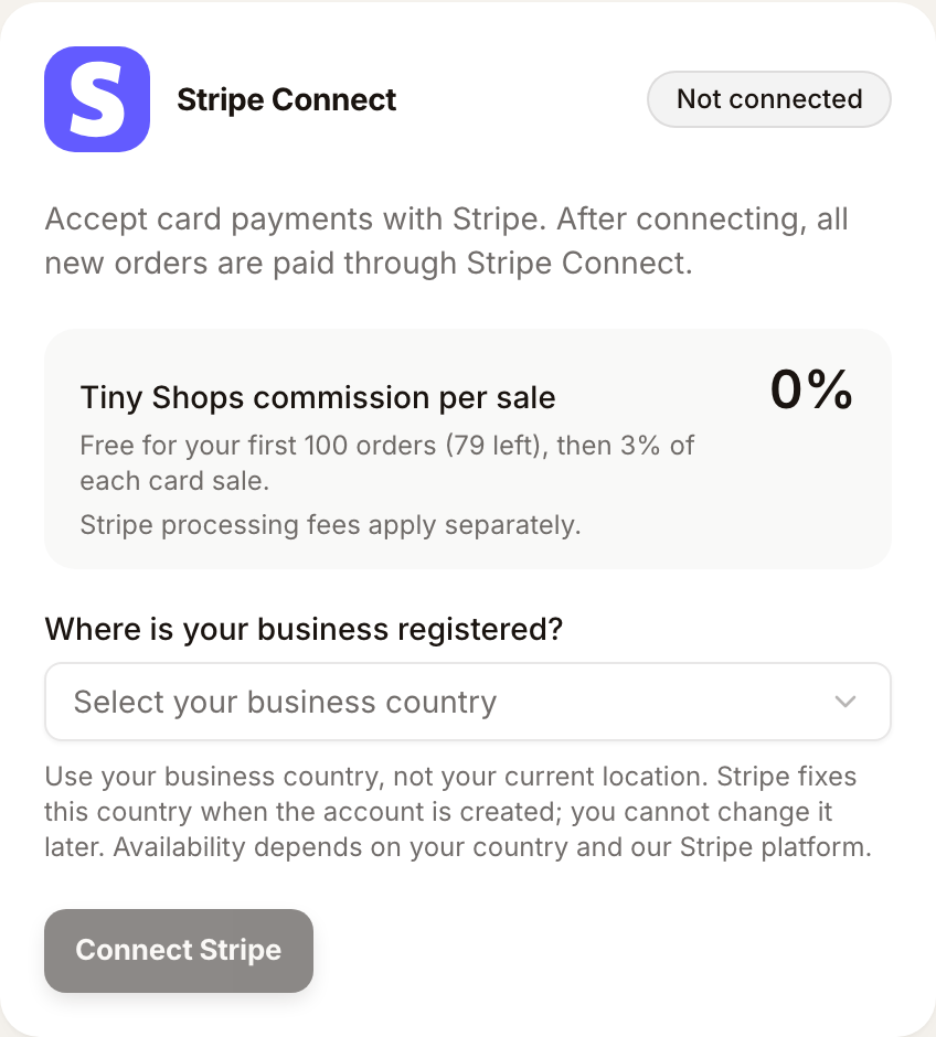 La tarjeta de Stripe Connect en el panel de TinyShops: pagos con tarjeta, la comisión por venta y el botón Conectar Stripe