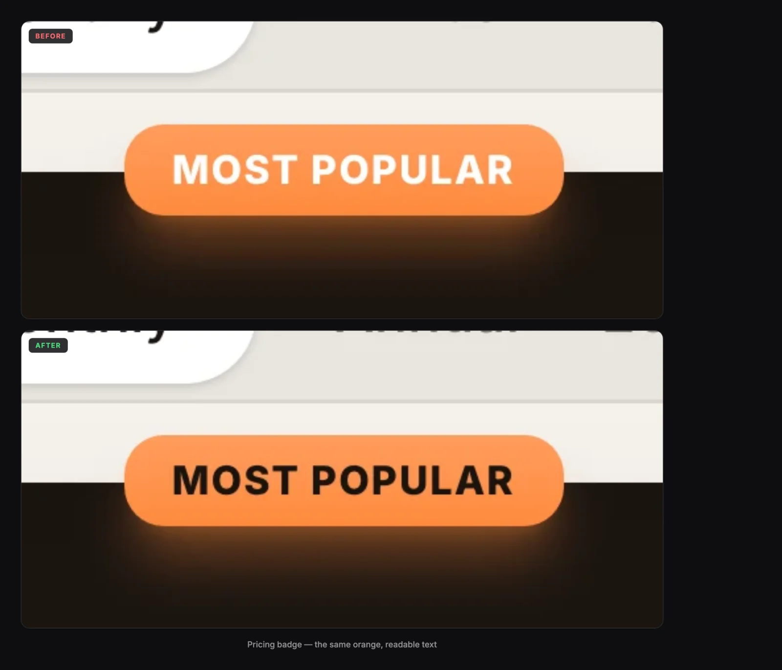 The pricing badge before and after: white text on orange replaced with dark text on the same orange