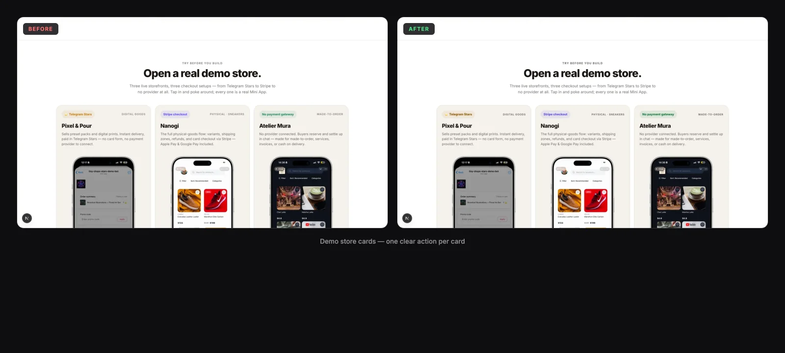 The three demo store cards before and after