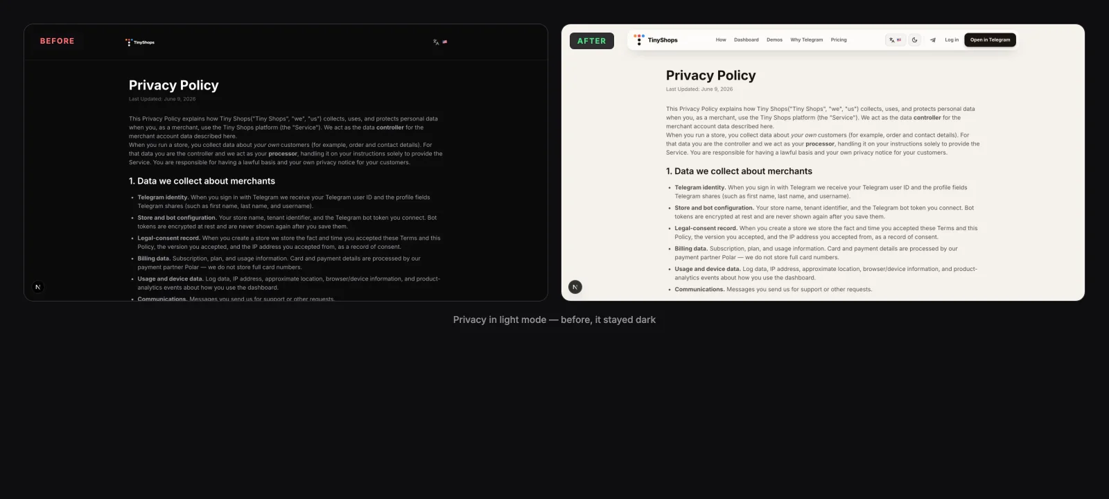 The privacy page in light mode, before and after