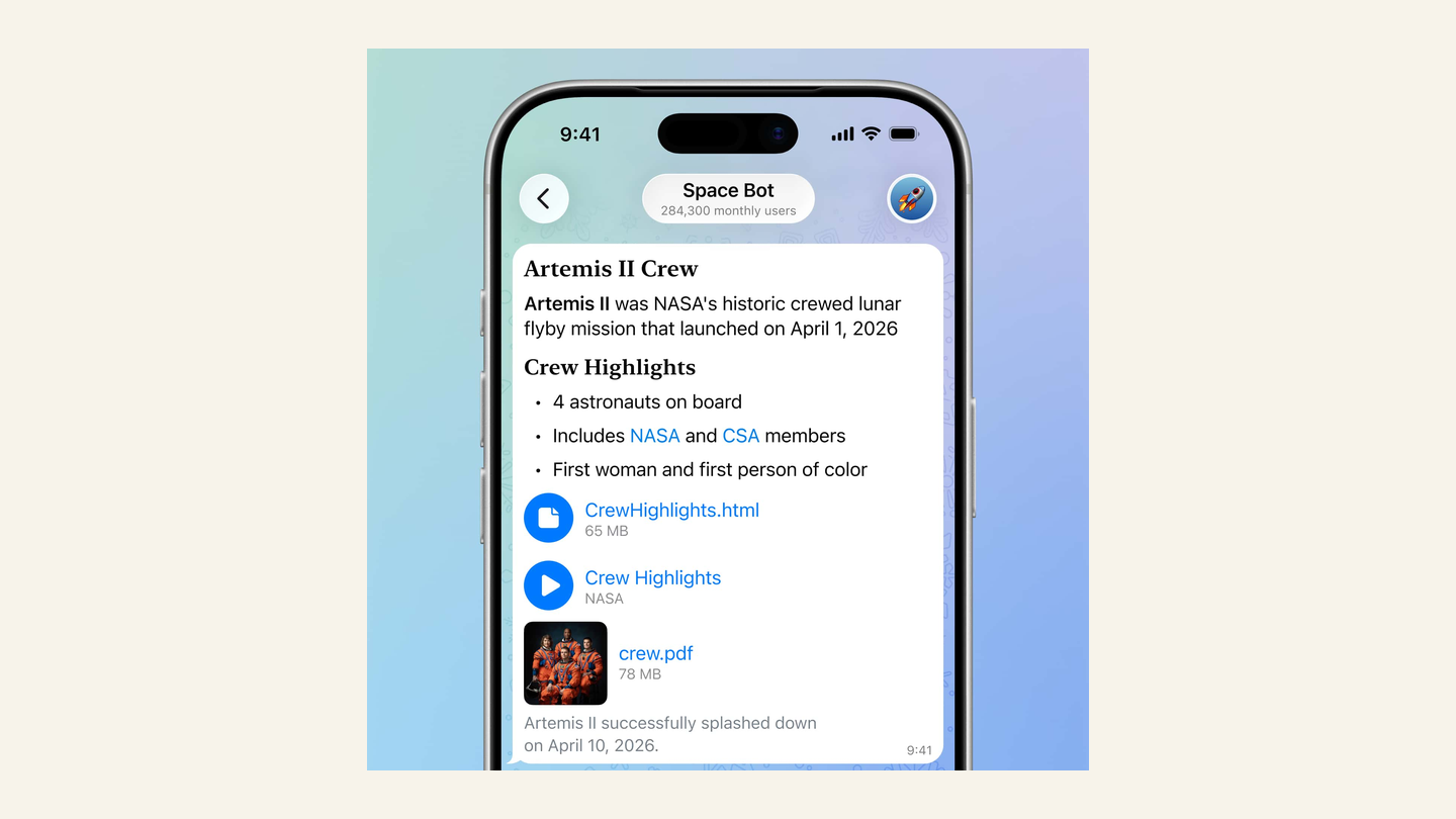 Telegram rich message with a heading, list, and files in one bubble