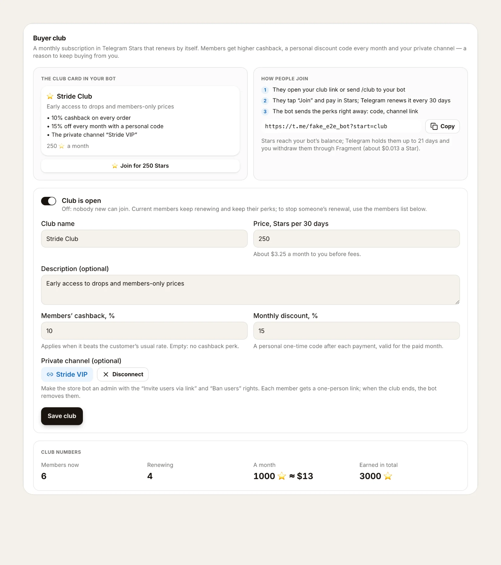 Club settings: the card in the bot, the link, perks, channel and club numbers
