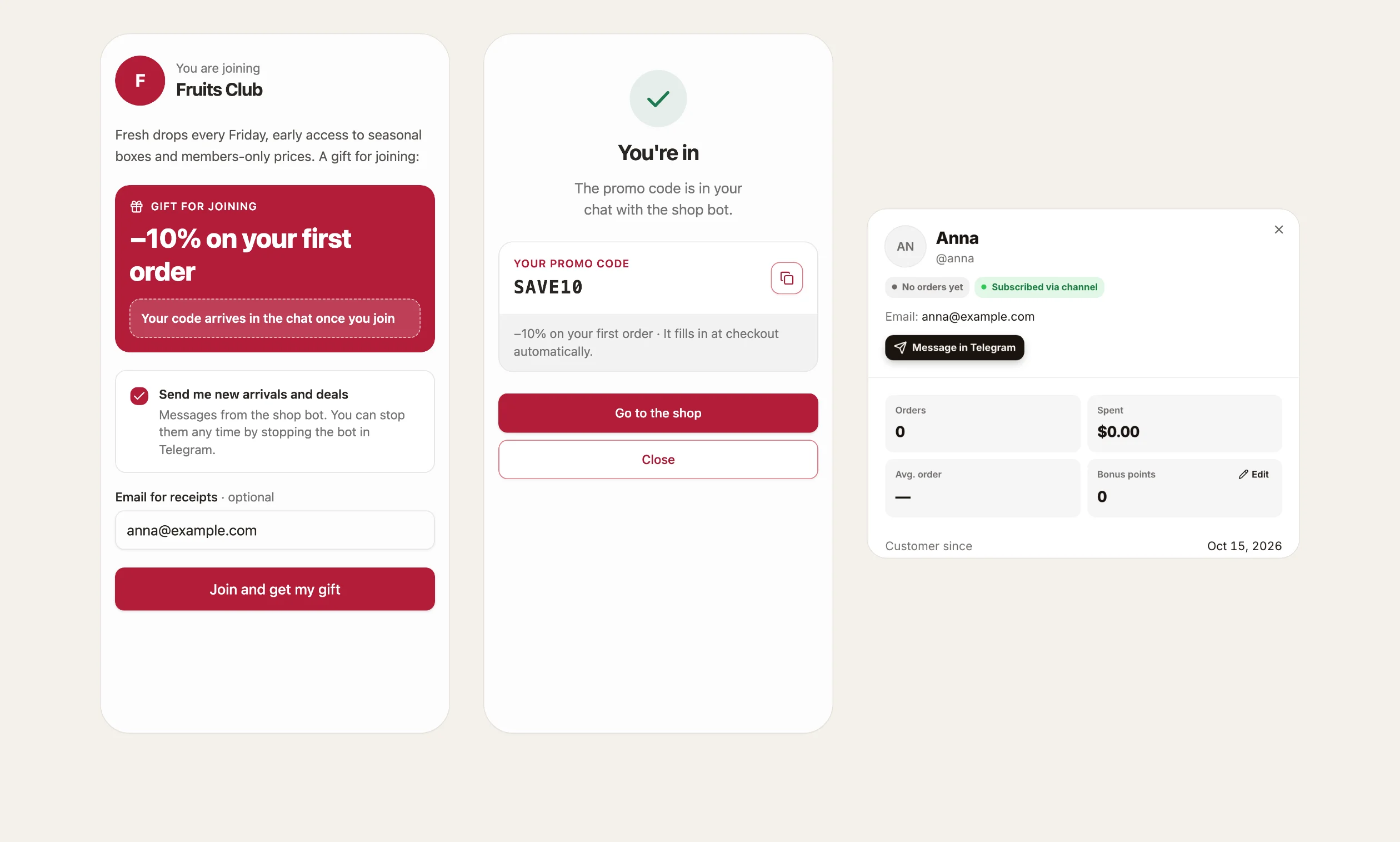 The join screen, the confirmation, and the new member in your Customers list