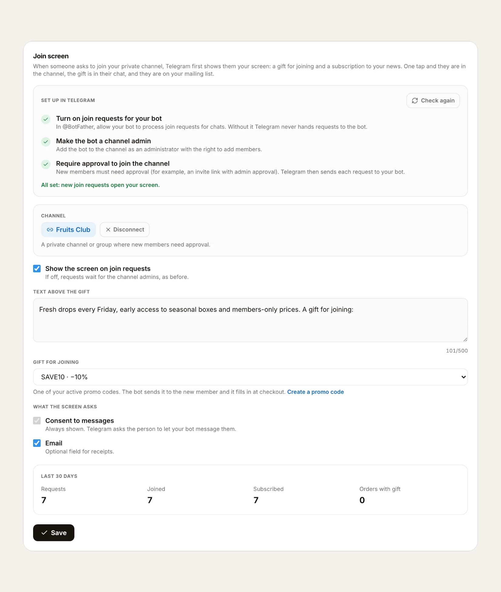 The join screen settings with the live Telegram checklist and the 30-day numbers