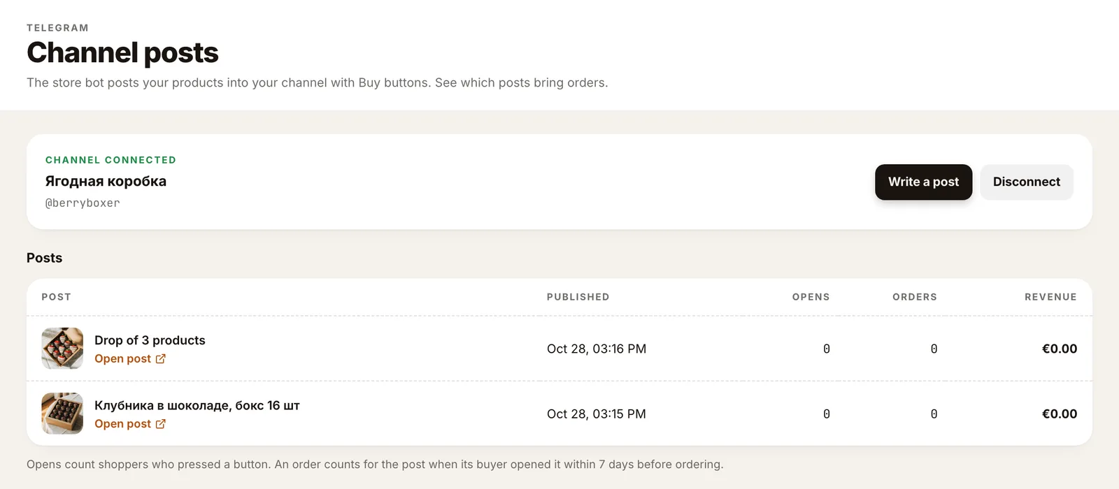 Channel posts: the connected channel and a table of posts with opens, orders and revenue