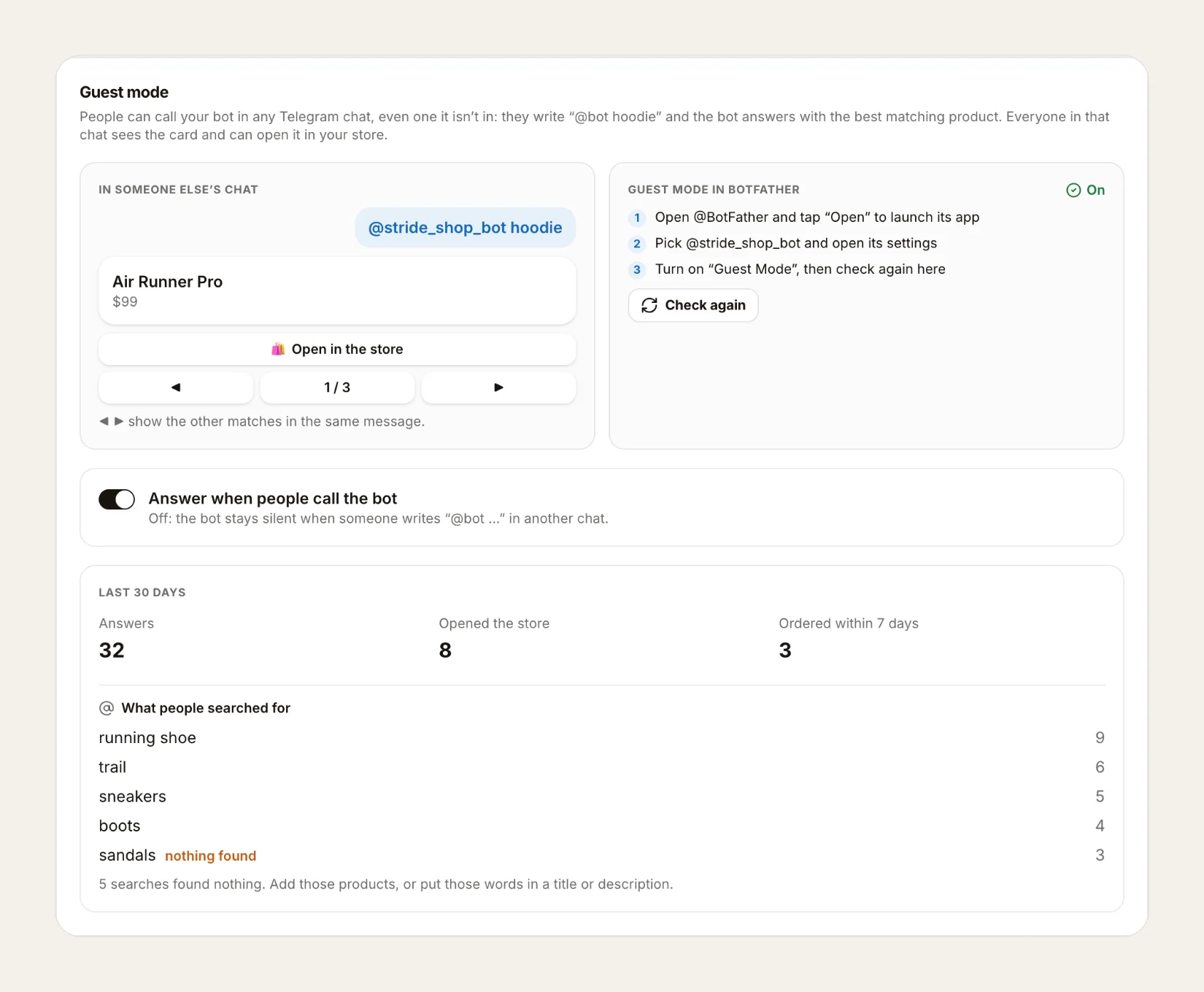 The Guest mode tab: a sample answer, the BotFather status, the switch and 30-day numbers