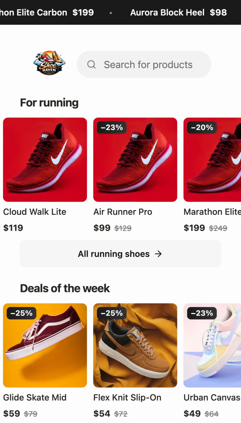 A "For running" category strip with an "All running shoes" button, and a "Deals of the week" strip with an "All deals" button