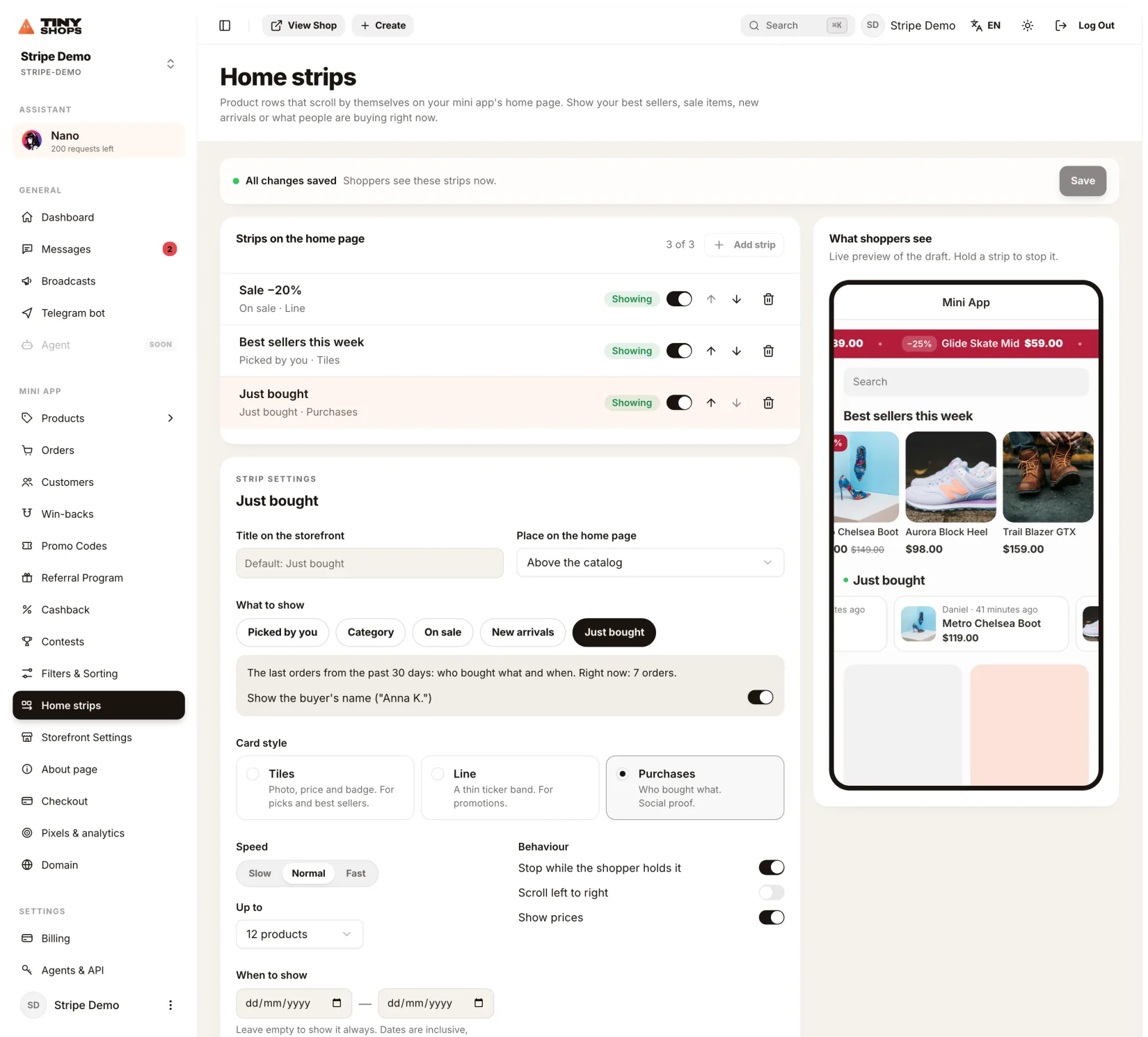 Settings of a "Just bought" strip with the buyer name switch, next to the preview