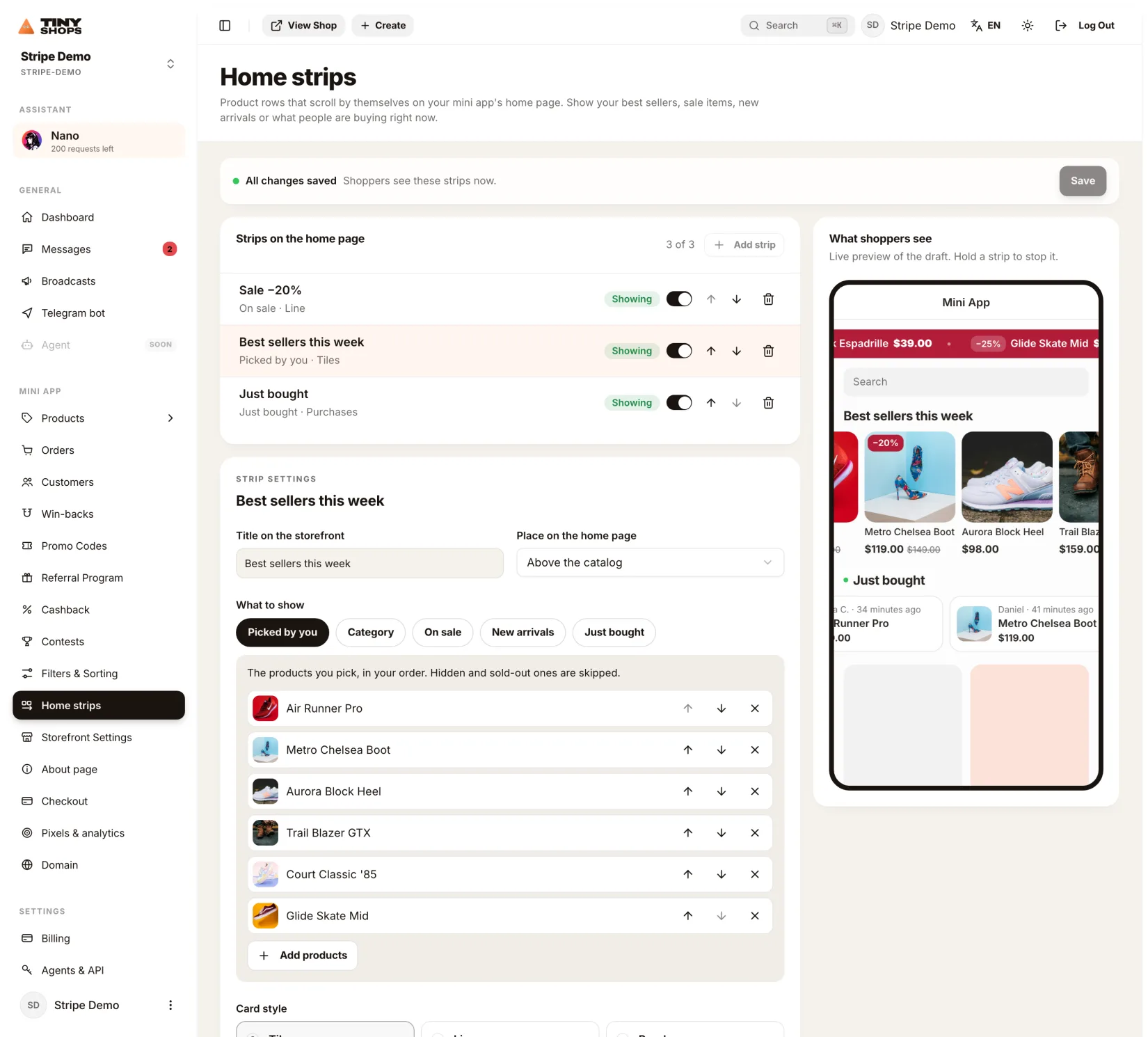 The Home strips page: the list of strips, the settings of the selected one, and a live preview of the shop