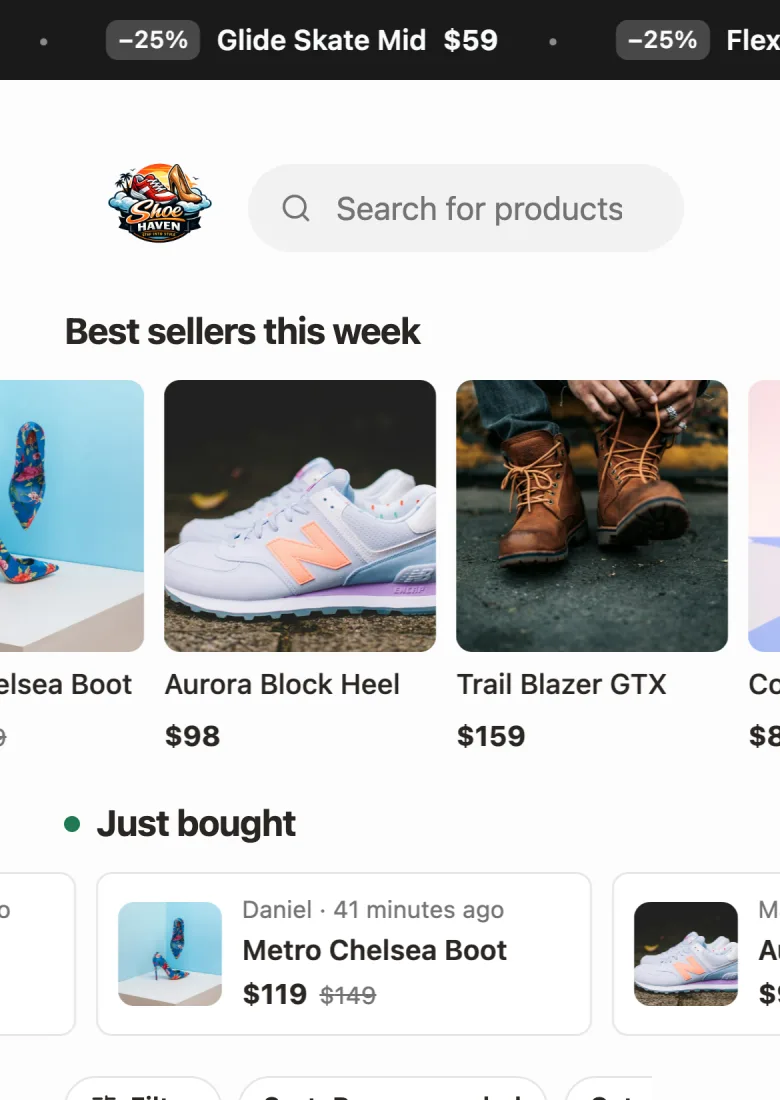 A "Just bought" row: a shopper's first name, how long ago they ordered, the product and its price