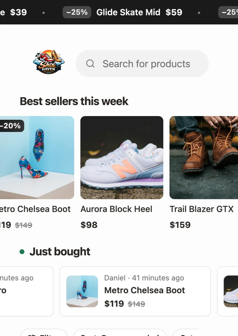 A shop's home page with a sale ticker above the search bar and a "Best sellers this week" row of photo tiles