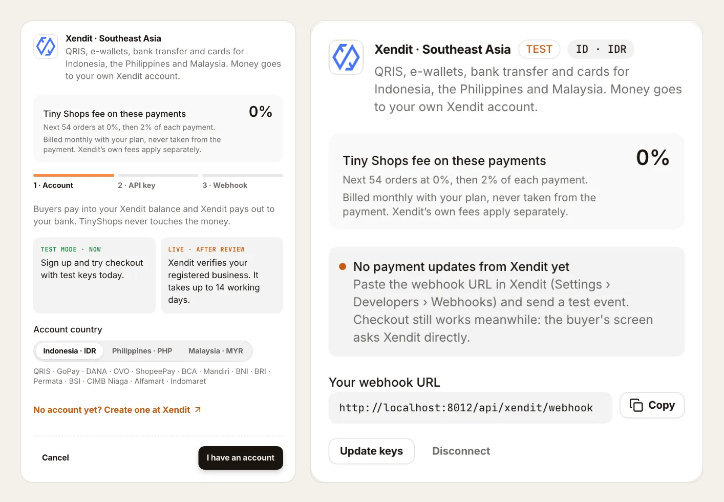 Connecting a Xendit account in the Tiny Shops dashboard