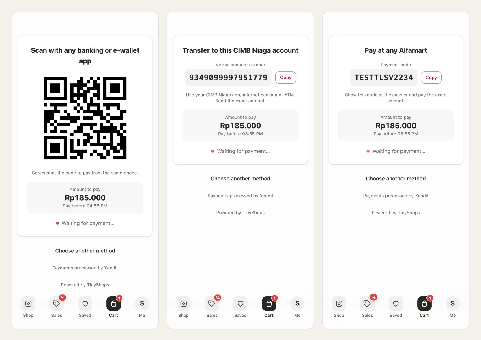 A QRIS code, a CIMB Niaga account number and an Alfamart code inside the Mini App
