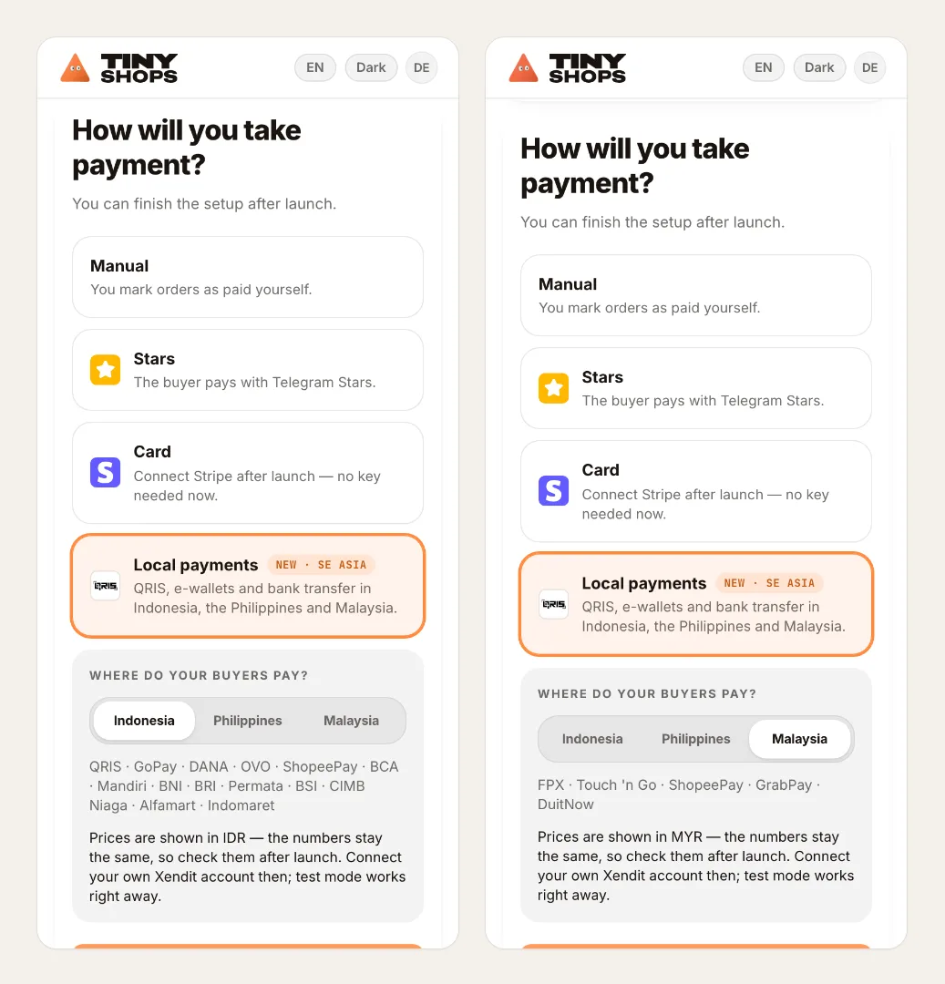 Choosing Local payments when you launch a store