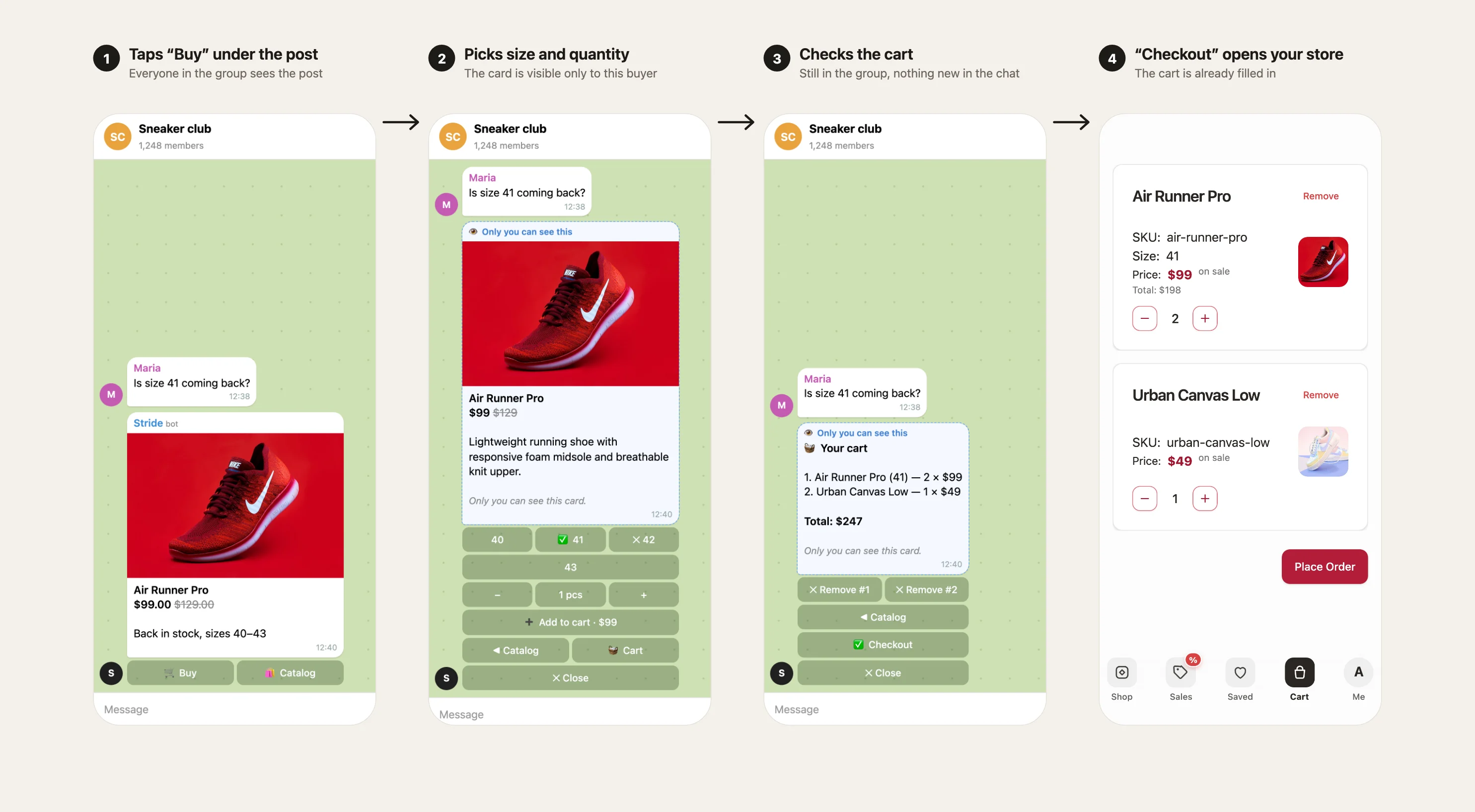 The buyer's path: group post, private card, cart and checkout in the store