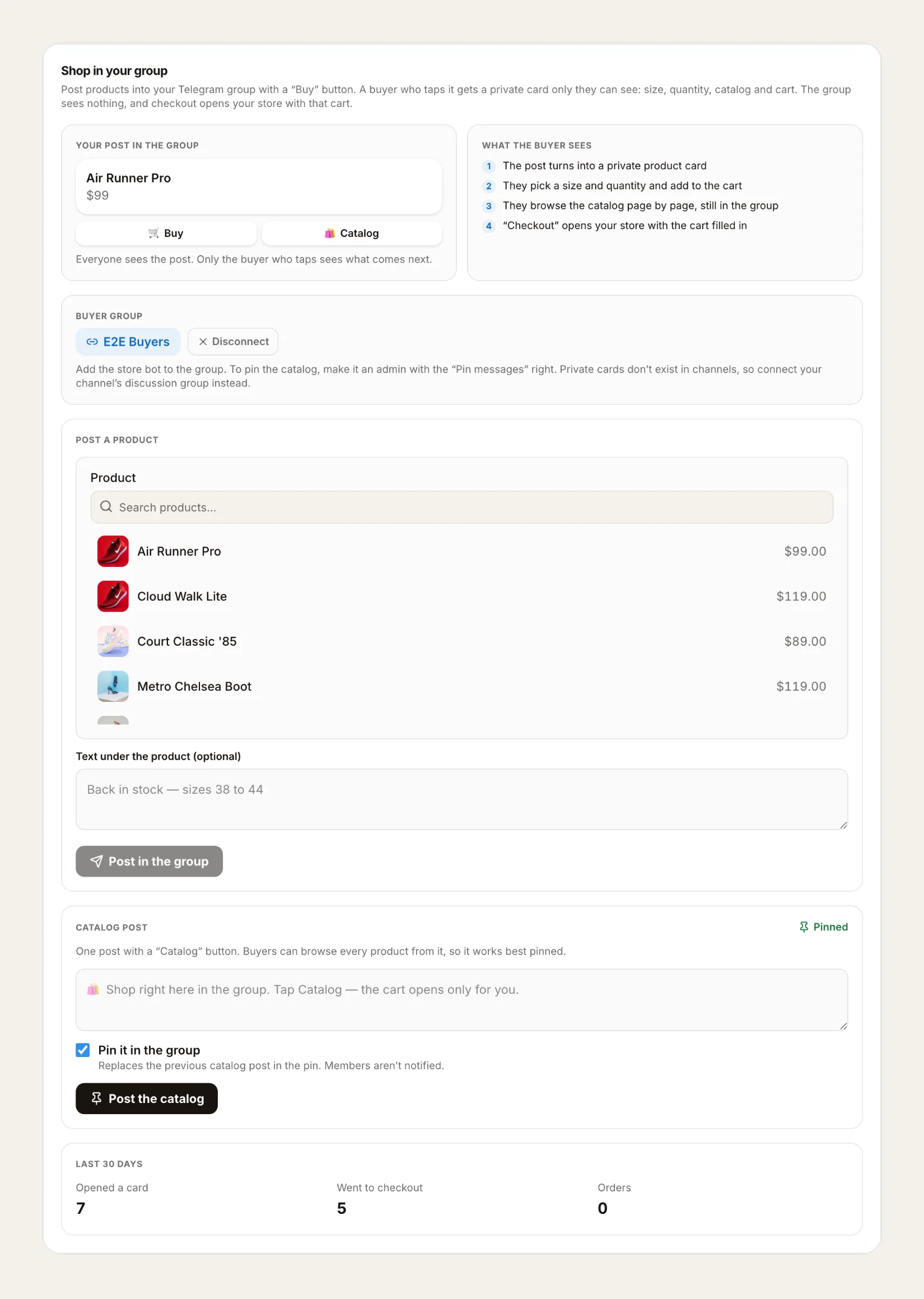 Shop in your group settings: connected group, posting a product, the catalog and 30-day numbers
