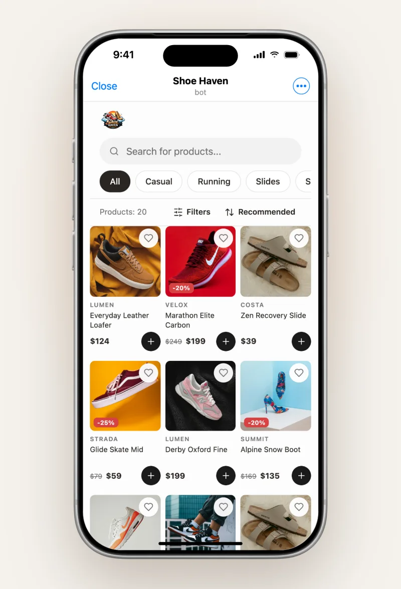 The Catalog template: three products per row, sale badges and a "+" button on each card