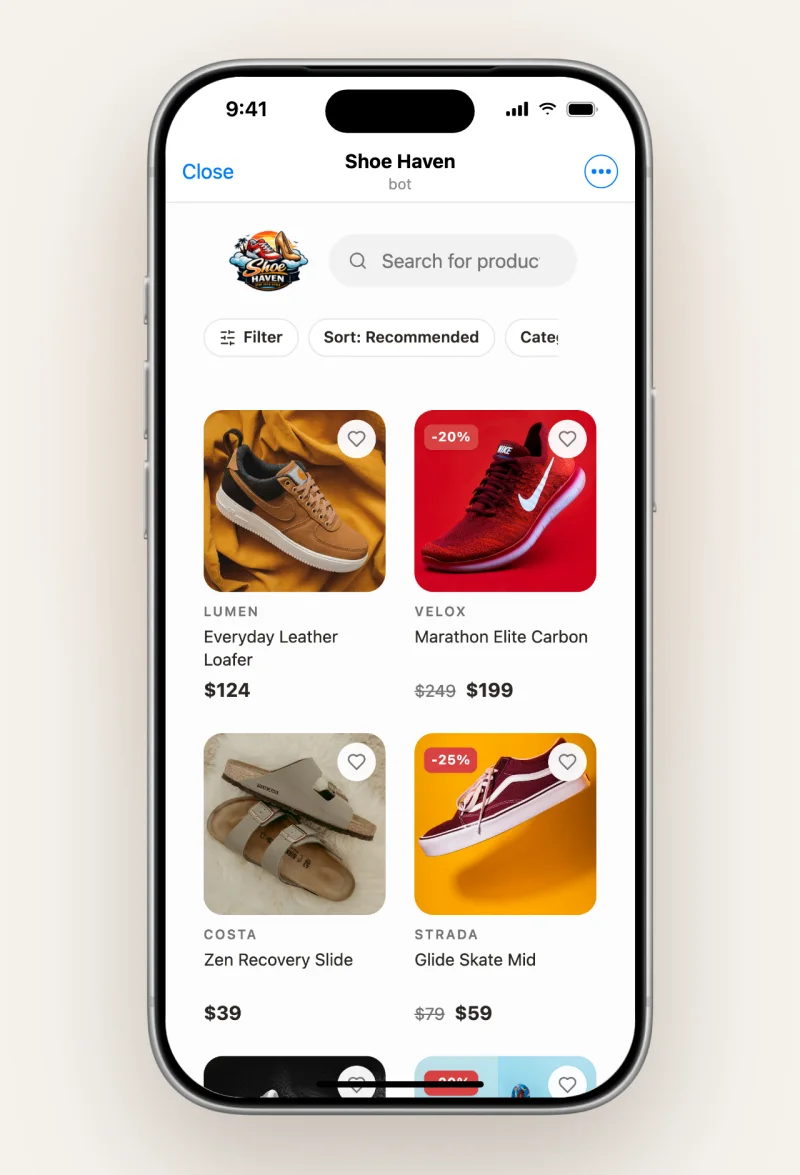 The Classic template: product cards with prices, search and filters